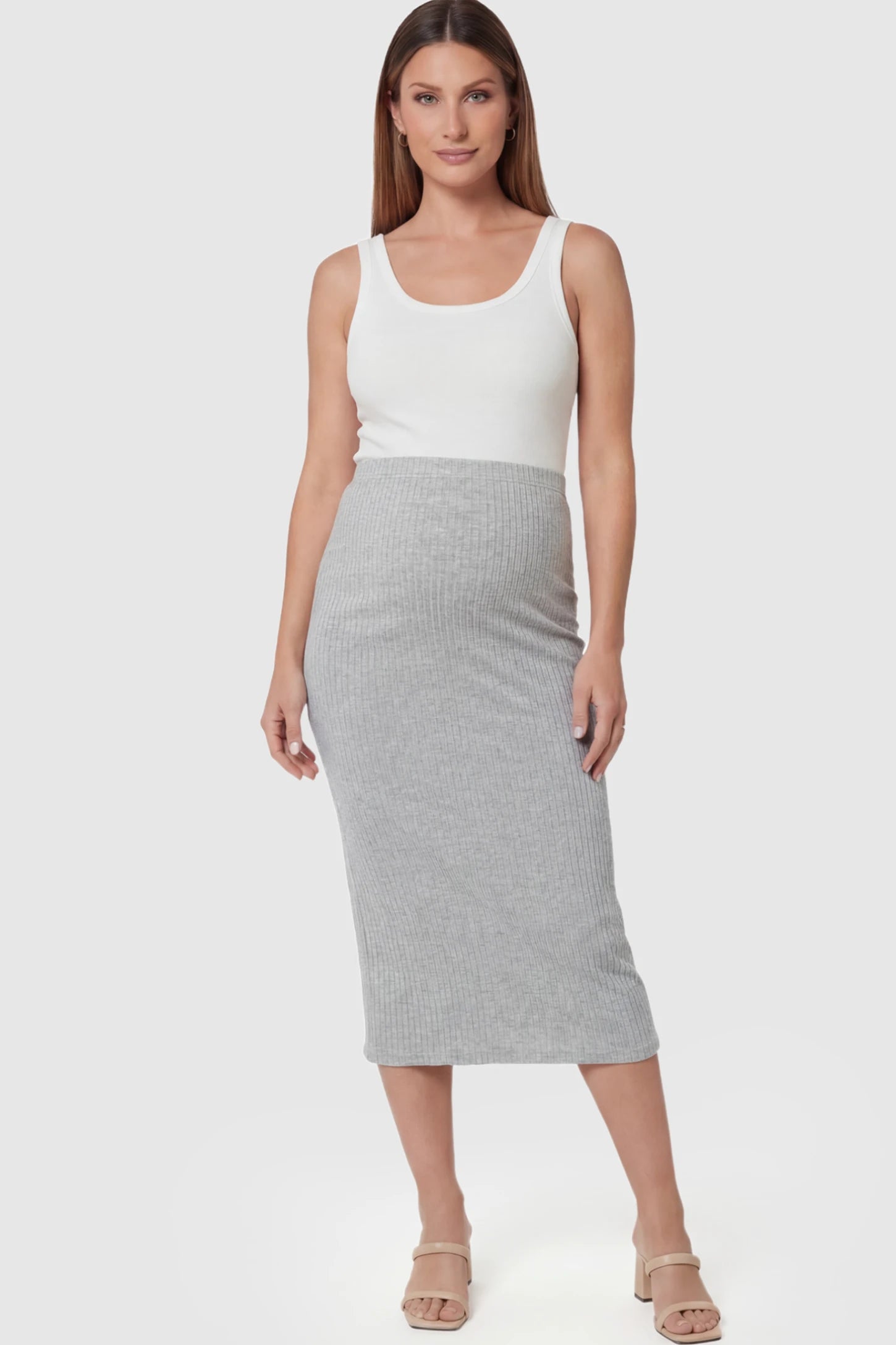 Ribbed Knit High Waist Maternity Skirt in Gray featuring a vertical ribbed texture on a pregnant model facing front.