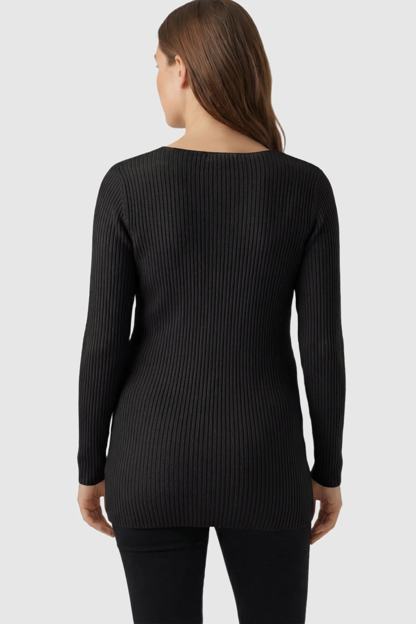 Cross-Over Ribbed Knit Maternity & Nursing Top Cross-Over Ribbed Knit Maternity & Nursing Top in Black featuring a wrap neckline and textured finish on a pregnant model.