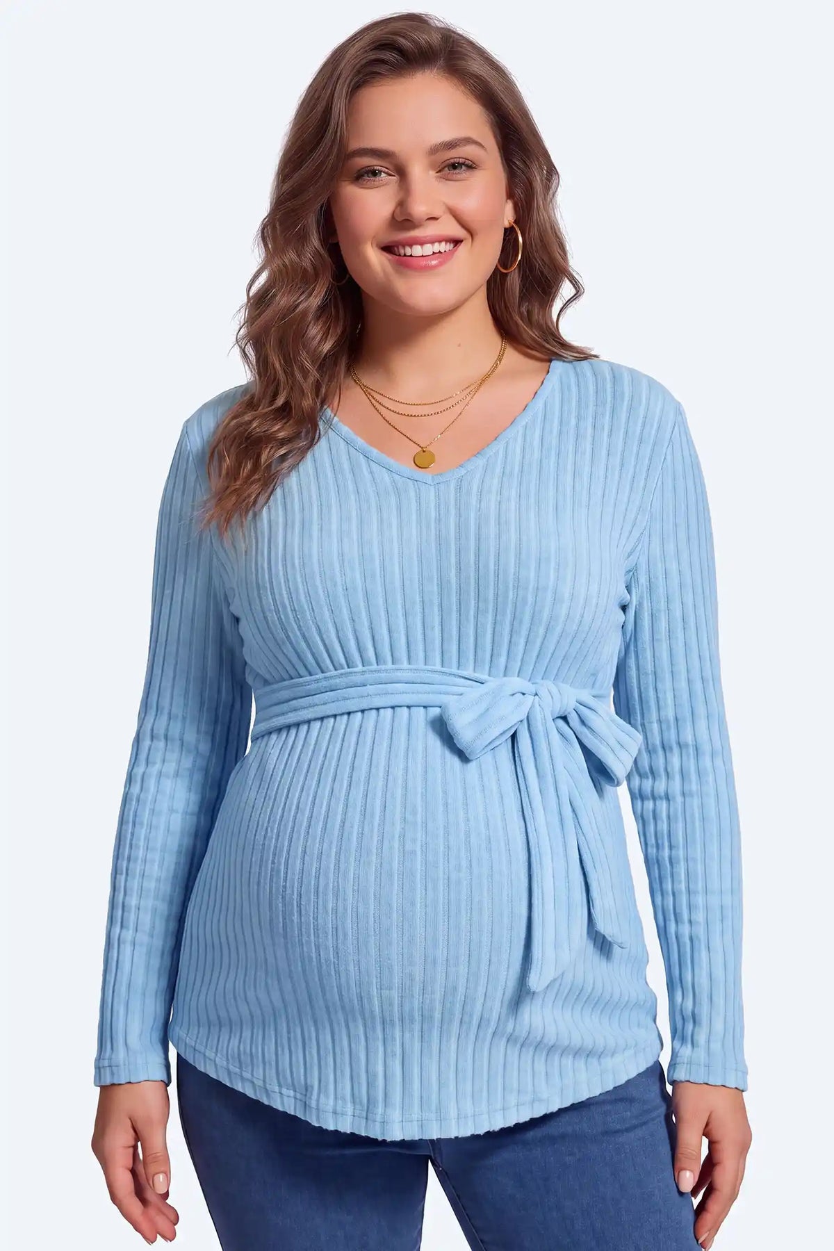 Ribbed Front Tie-Waist Long Sleeve Maternity Top