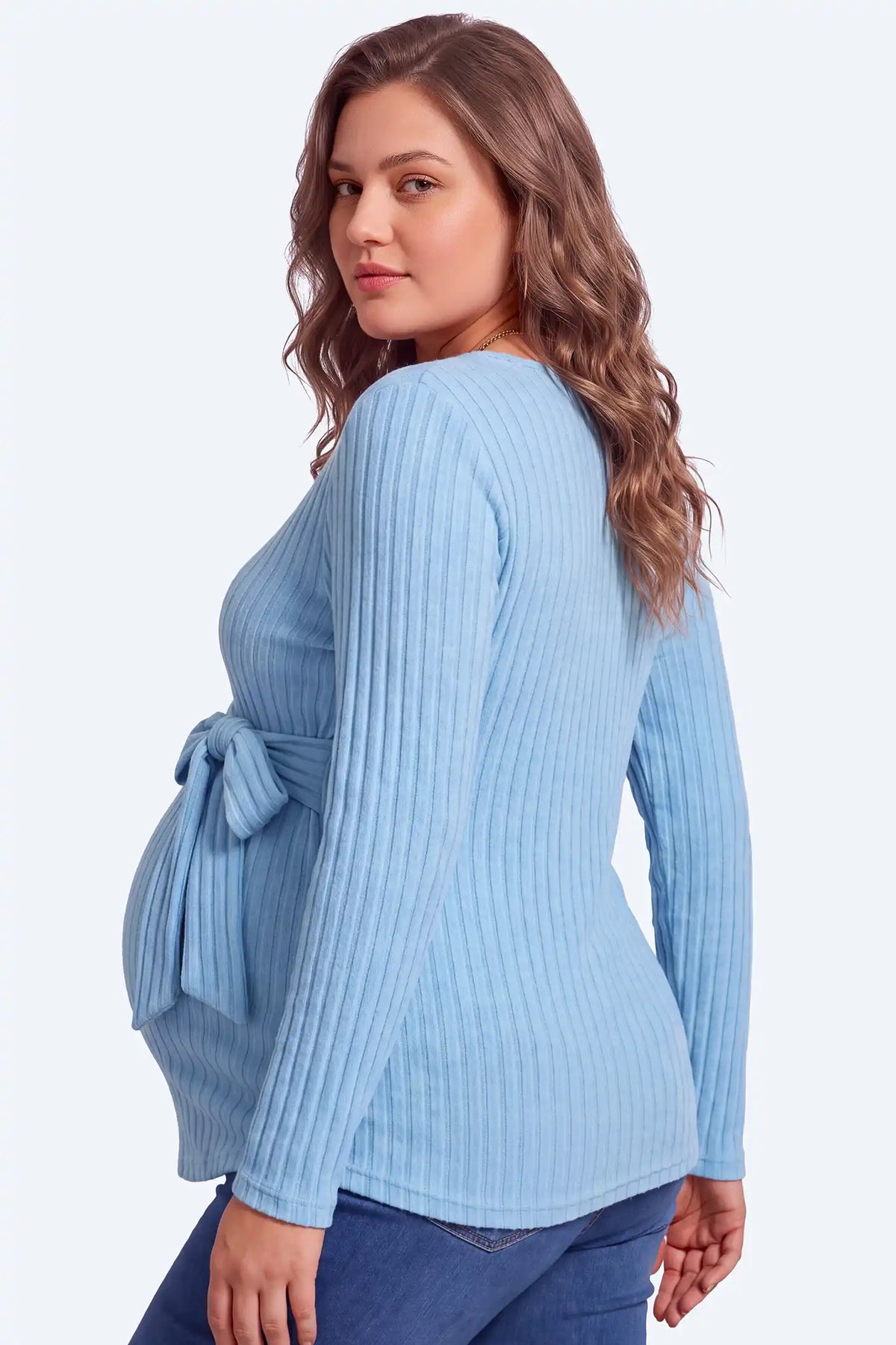 Ribbed Front Tie-Waist Long Sleeve Maternity Top