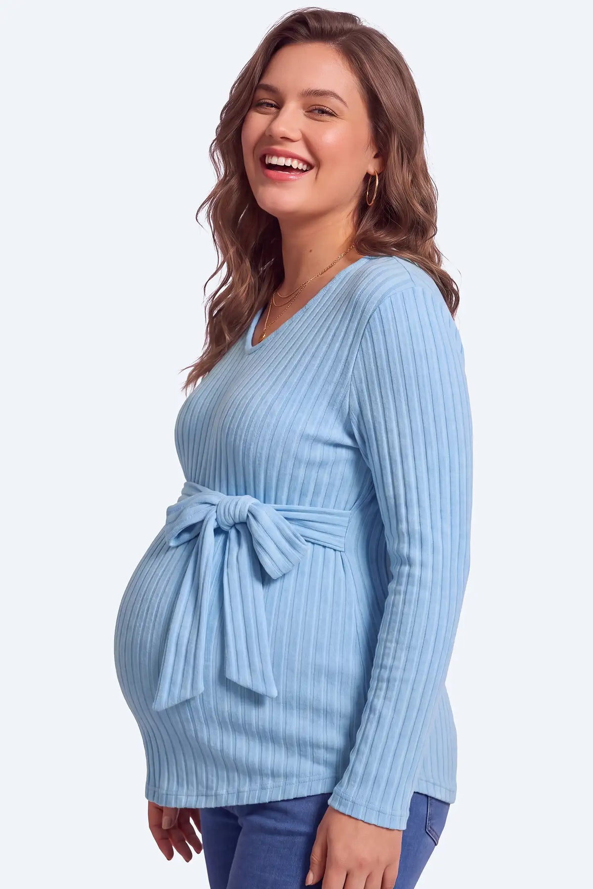 Ribbed Front Tie-Waist Long Sleeve Maternity Top