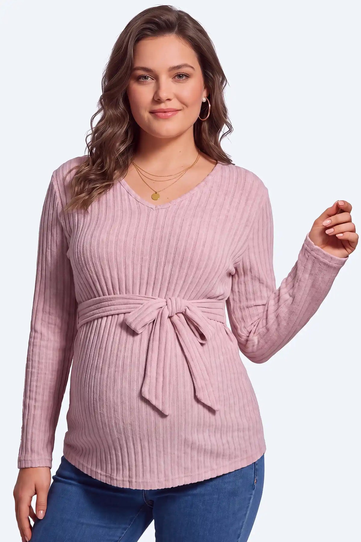 Ribbed Front Tie-Waist Long Sleeve Maternity Top