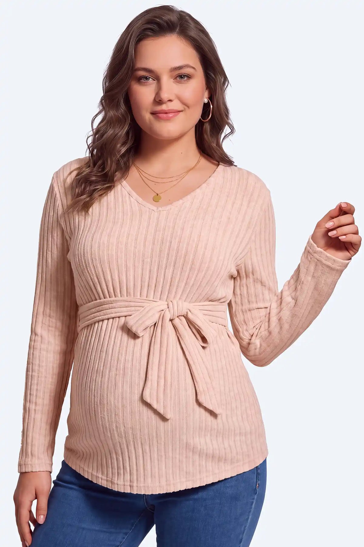 Ribbed Front Tie-Waist Long Sleeve Maternity Top