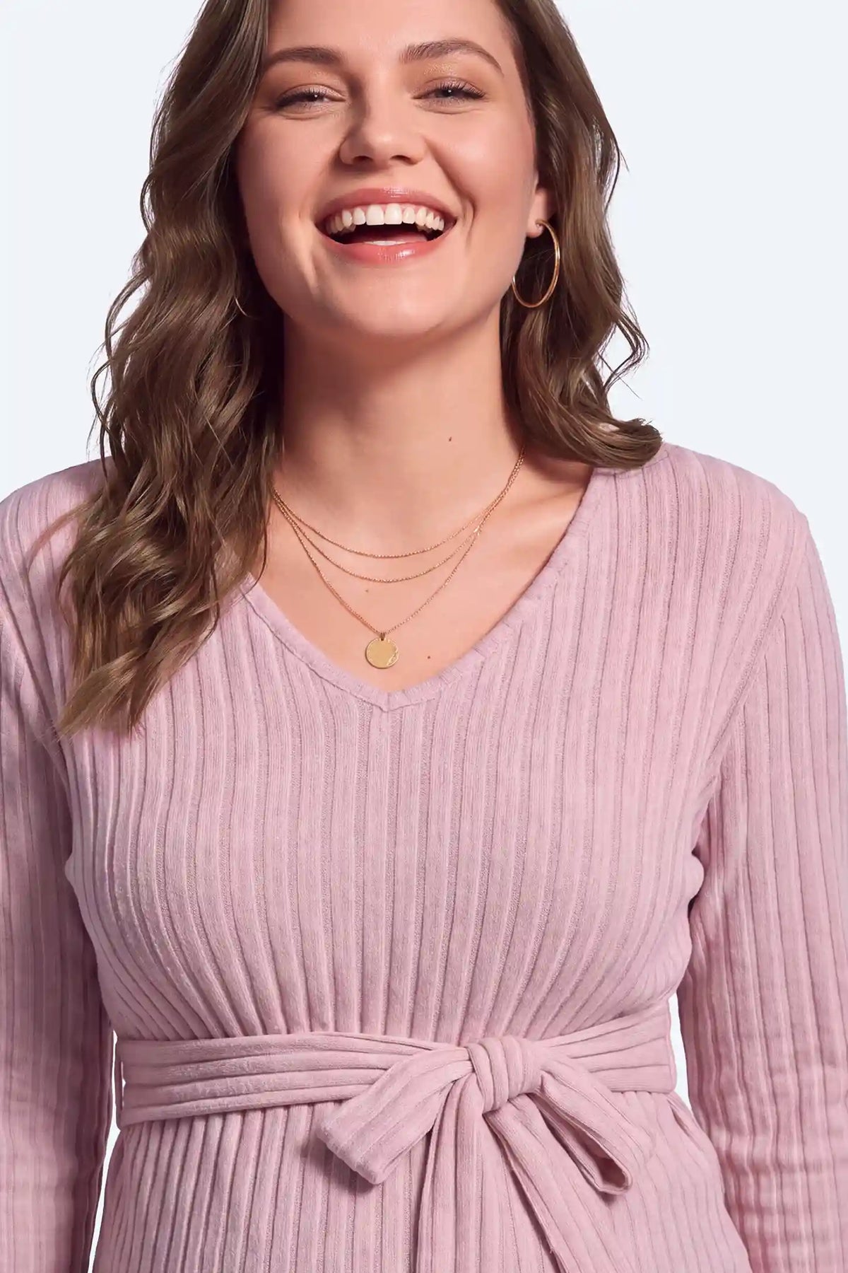 Ribbed Front Tie-Waist Long Sleeve Maternity Top