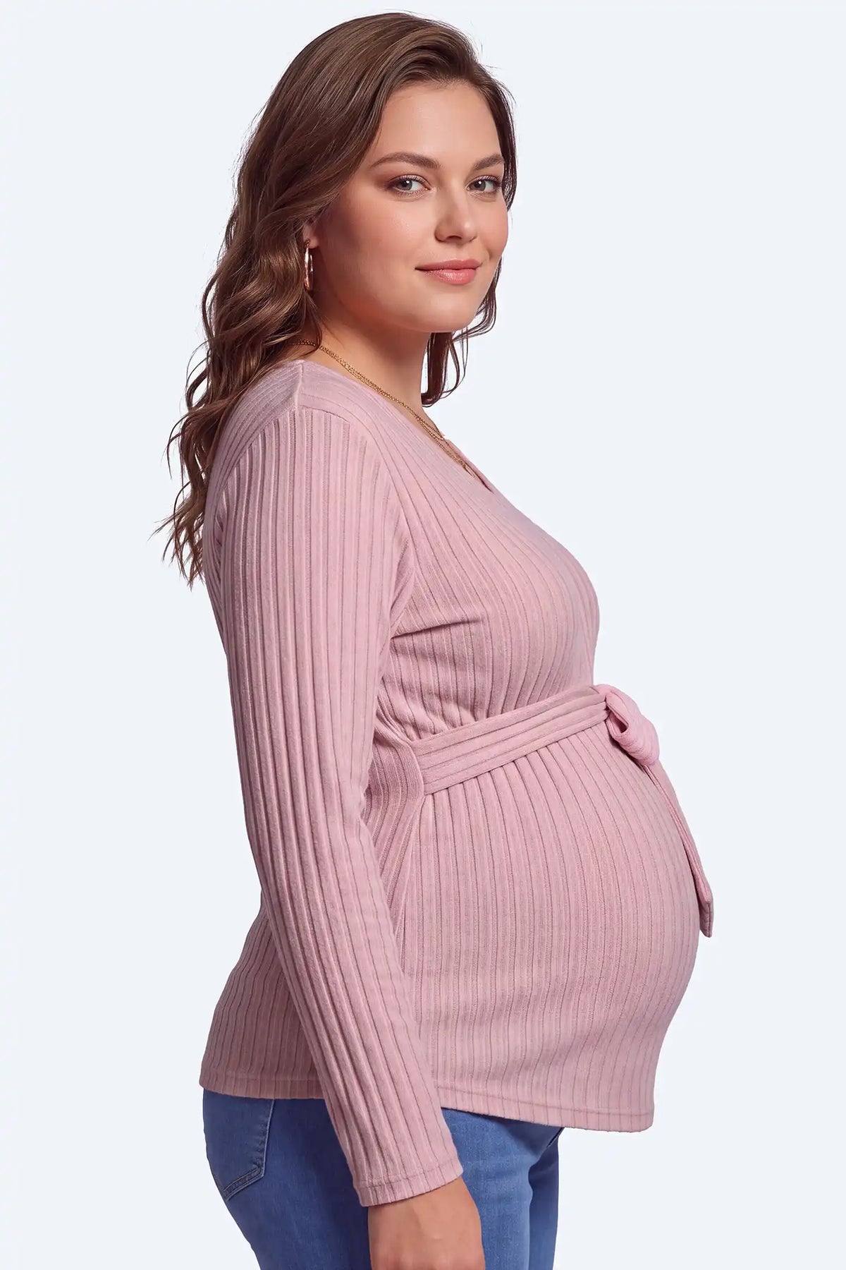 Ribbed Front Tie-Waist Long Sleeve Maternity Top
