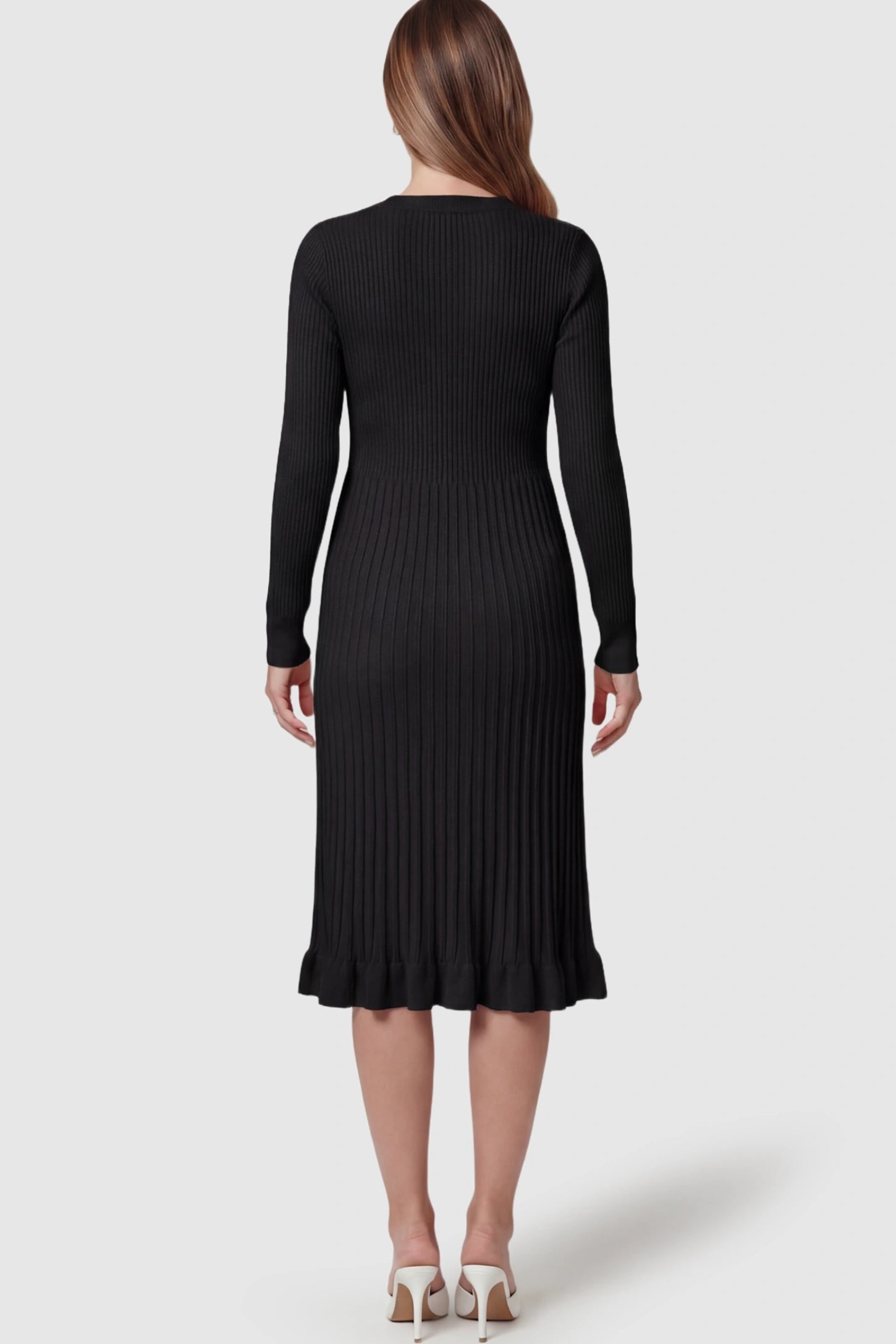 Ribbed V-Neck Maternity Midi Sweater Dress Ribbed V-Neck Maternity Midi Sweater Dress in Black on a pregnant model.