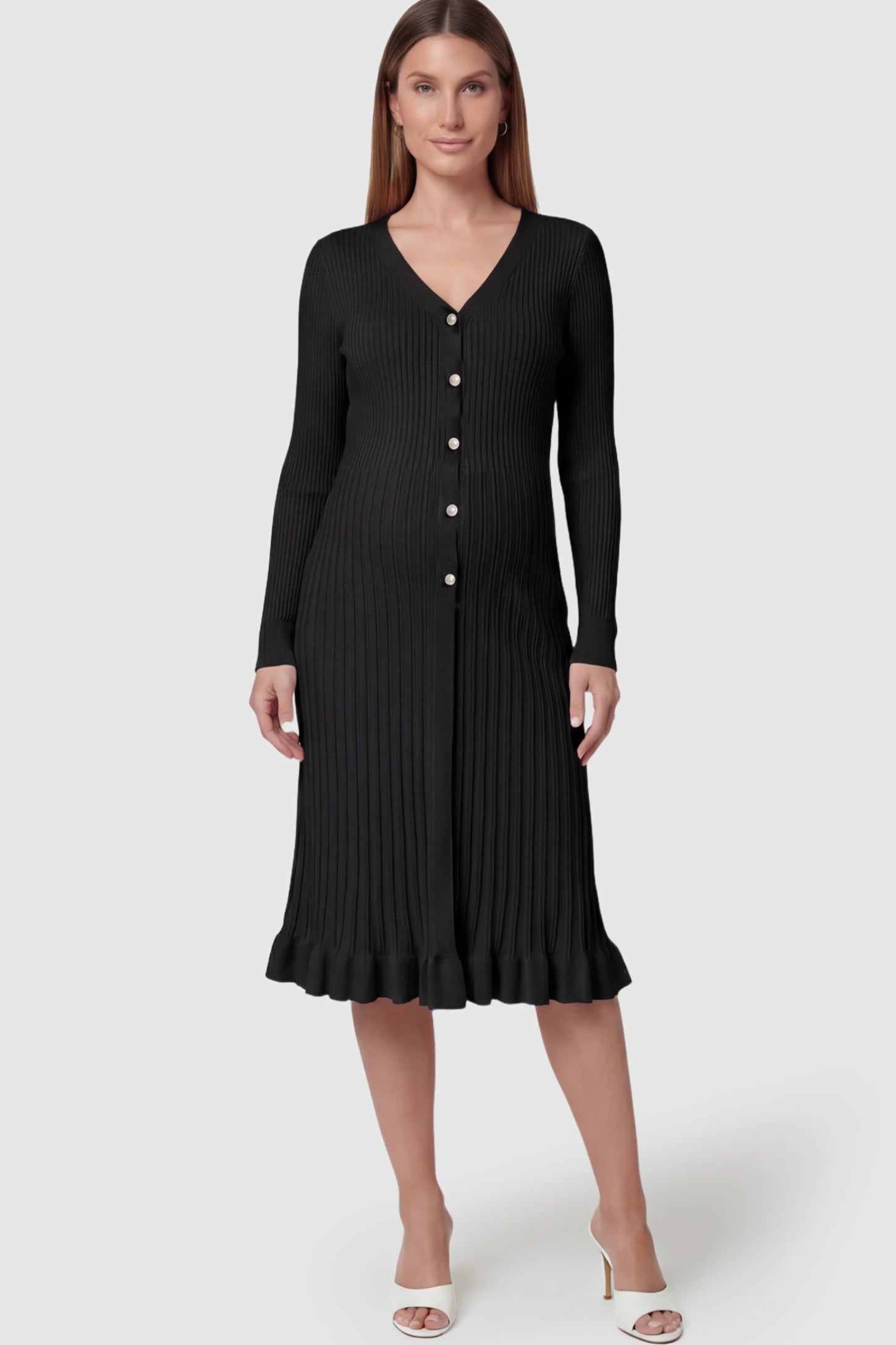 Ribbed V-Neck Maternity Midi Sweater Dress Ribbed V-Neck Maternity Midi Sweater Dress in Black featuring rhinestone buttons on a pregnant model.