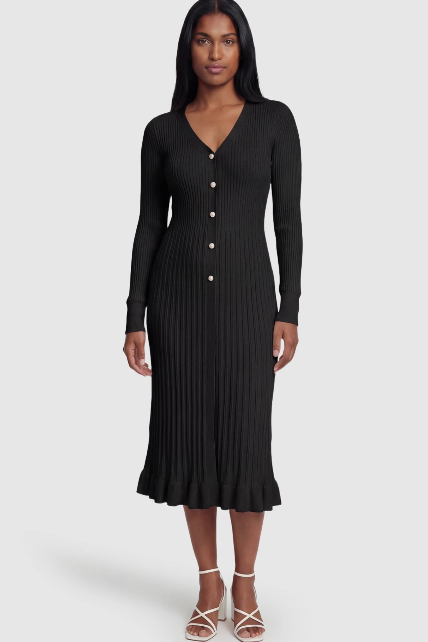 Ribbed V-Neck Maternity Midi Sweater Dress Ribbed V-Neck Maternity Midi Sweater Dress in Black featuring rhinestone buttons on a postpartum model.