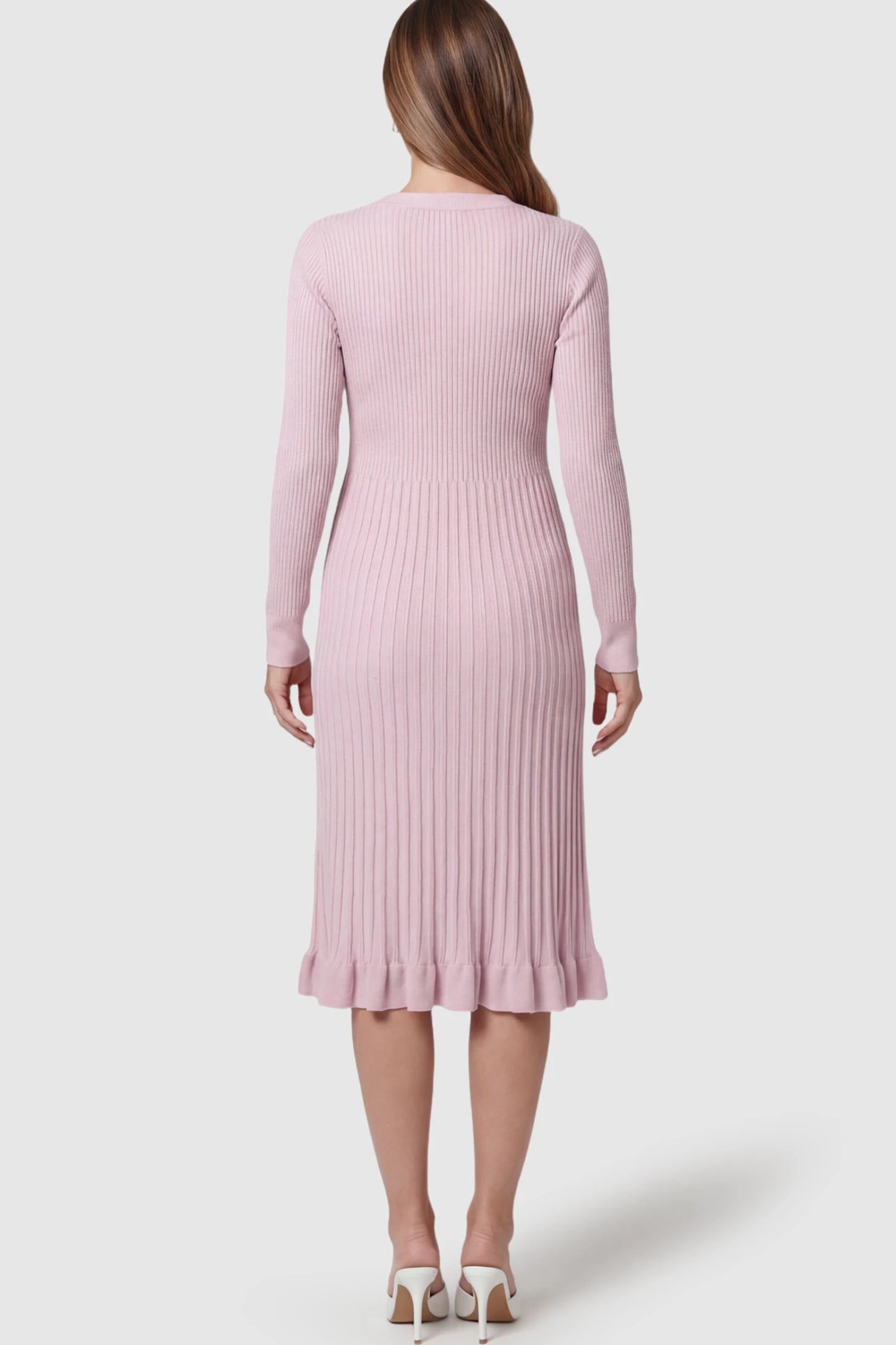 Ribbed V-Neck Maternity Midi Sweater Dress Ribbed V-Neck Maternity Midi Sweater Dress in Pink on a pregnant model.