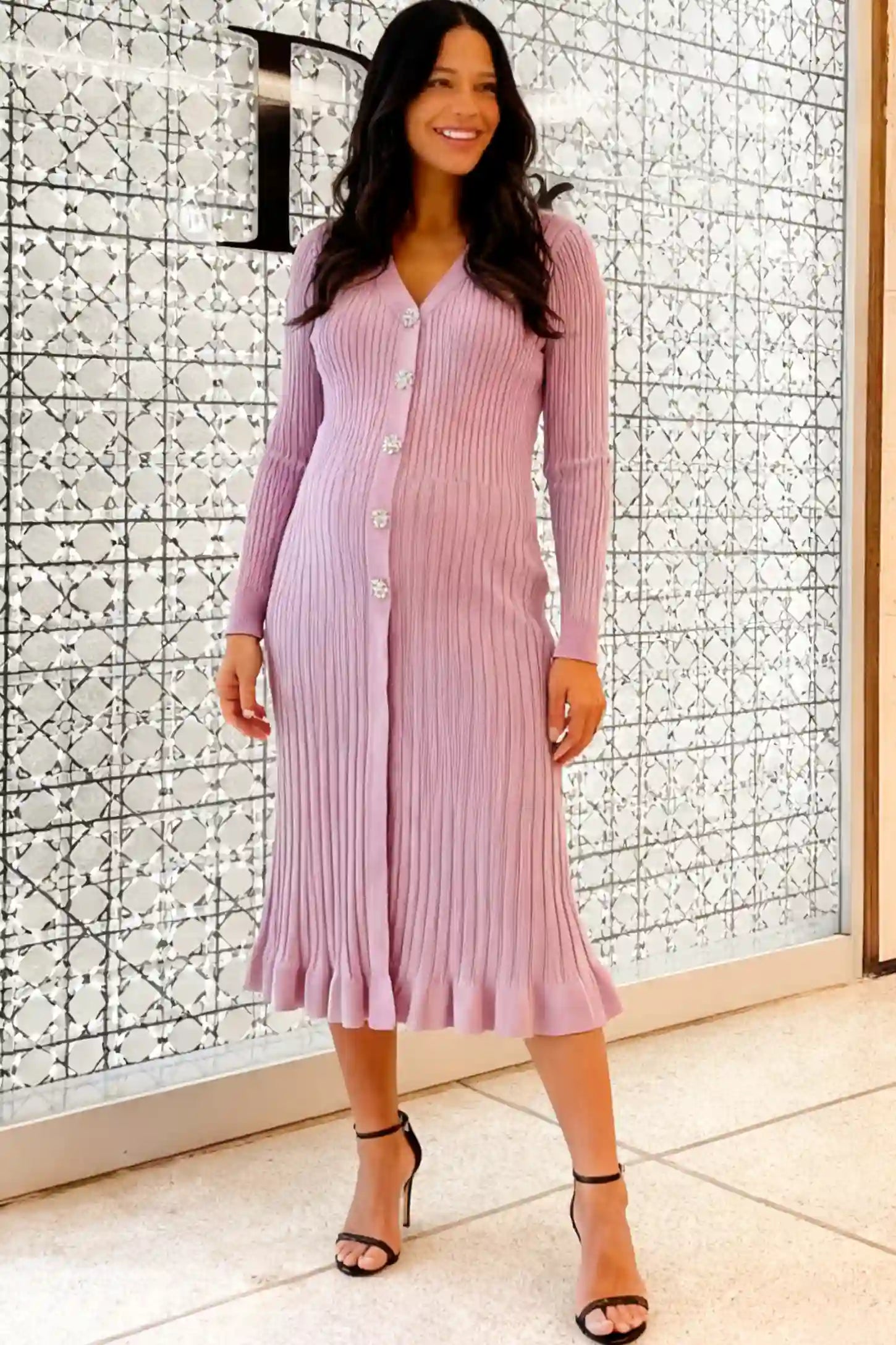 Ribbed V-Neck Maternity Midi Sweater Dress Ribbed V-Neck Maternity Midi Sweater Dress in Pink featuring rhinestone buttons on a pregnant model.