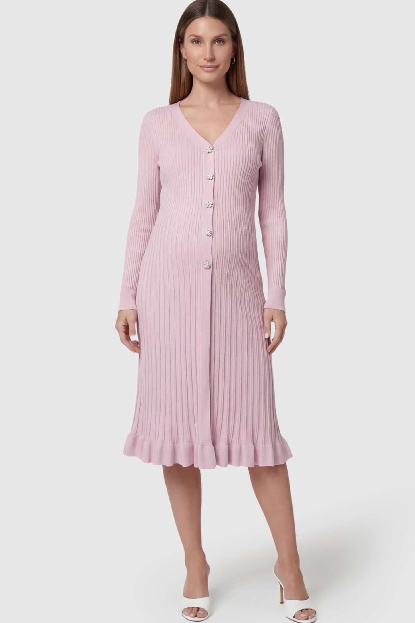 Ribbed V-Neck Maternity Midi Sweater Dress in Pink featuring rhinestone buttons on a pregnant model.