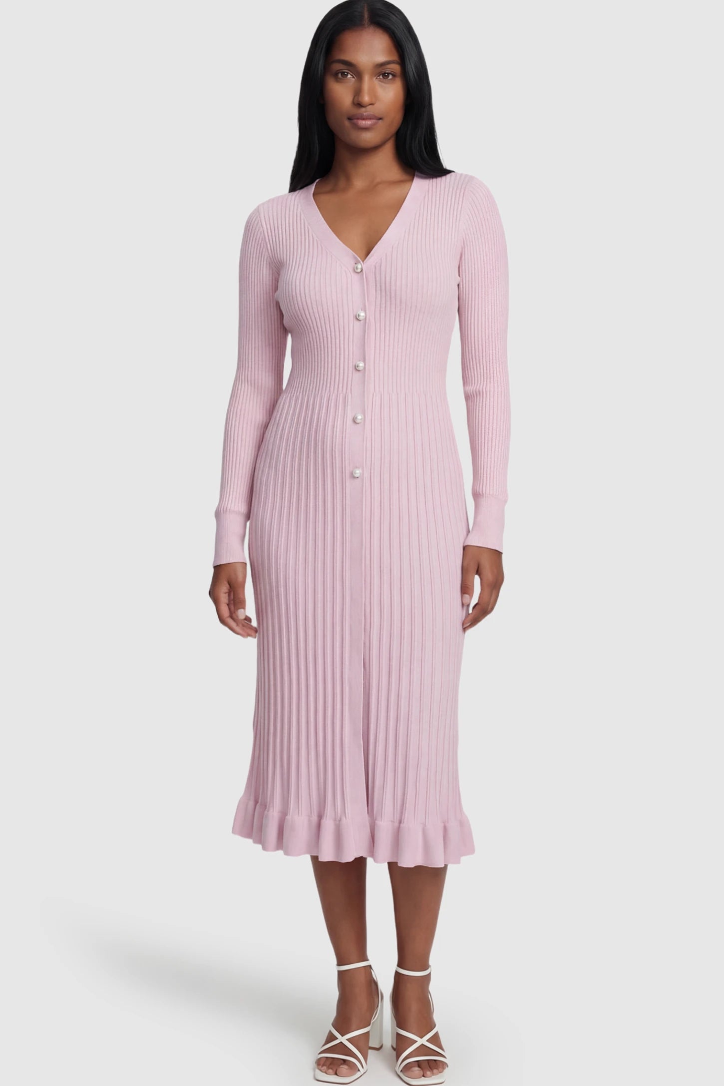 Ribbed V-Neck Maternity Midi Sweater Dress Ribbed V-Neck Maternity Midi Sweater Dress in Pink featuring rhinestone buttons on a postpartum model.