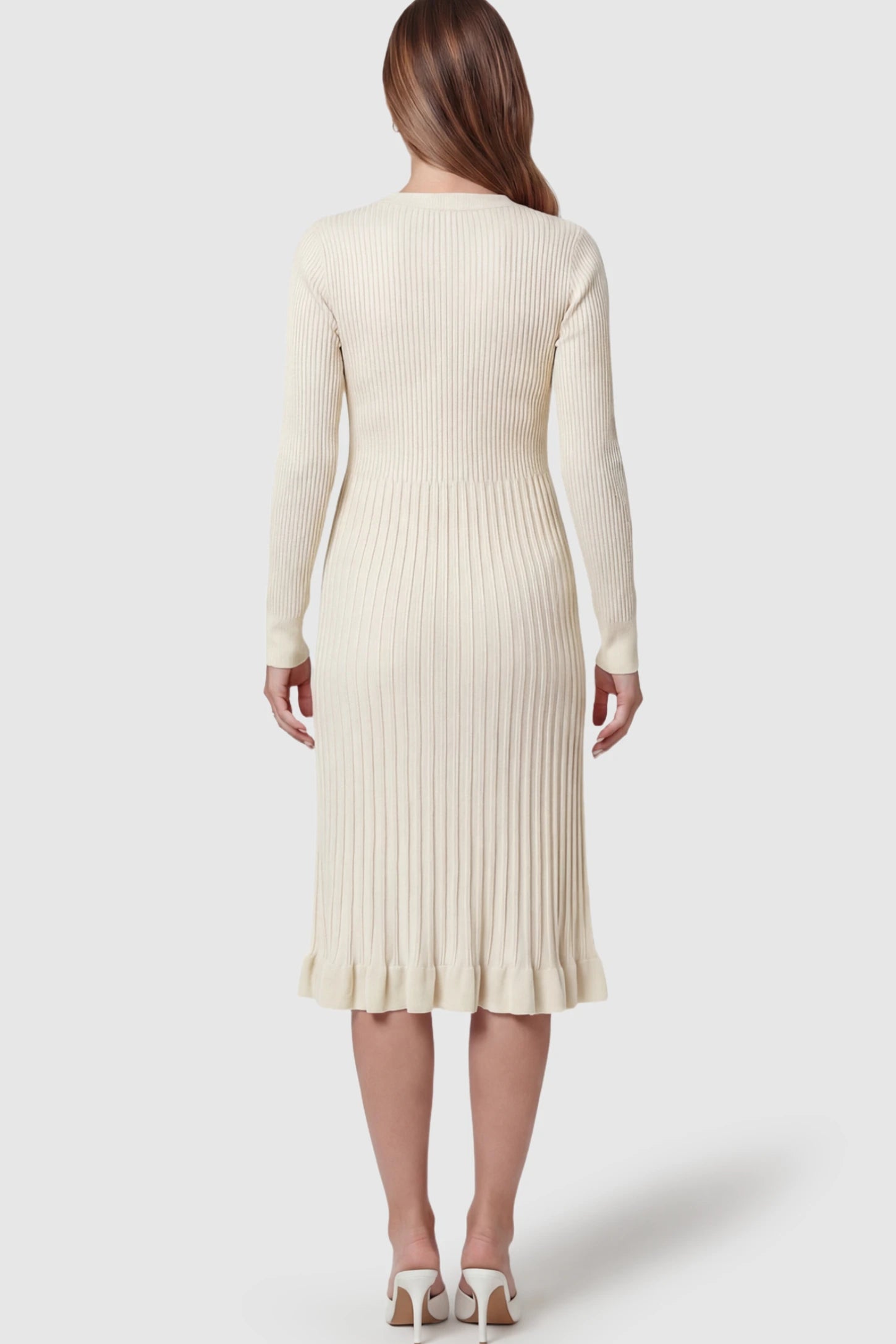 Ribbed V-Neck Maternity Midi Sweater Dress Ribbed V-Neck Maternity Midi Sweater Dress in White on a pregnant model.