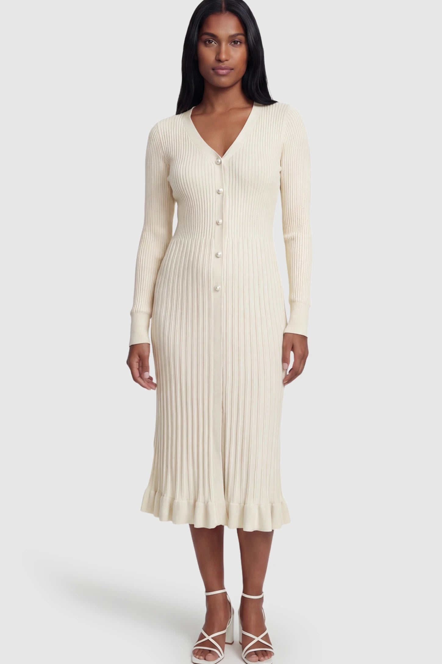 Ribbed V-Neck Maternity Midi Sweater Dress Ribbed V-Neck Maternity Midi Sweater Dress in White featuring rhinestone buttons on a postpartum model.