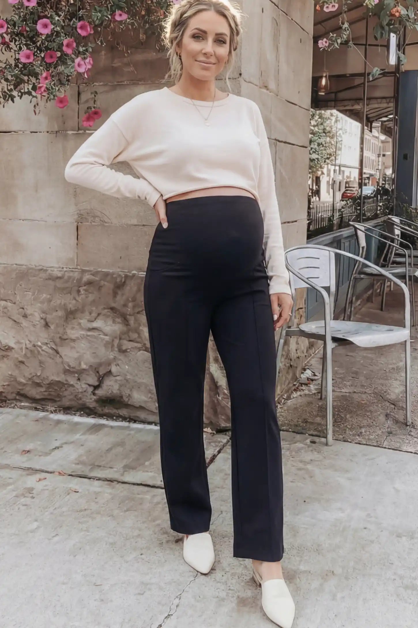 High Stretch Wide Leg Pocketed Maternity Pants High-Stretch Wide Leg Pocketed Maternity Pants in Black featuring a seamless over-the-bump panel and side pocket on a pregnant model.