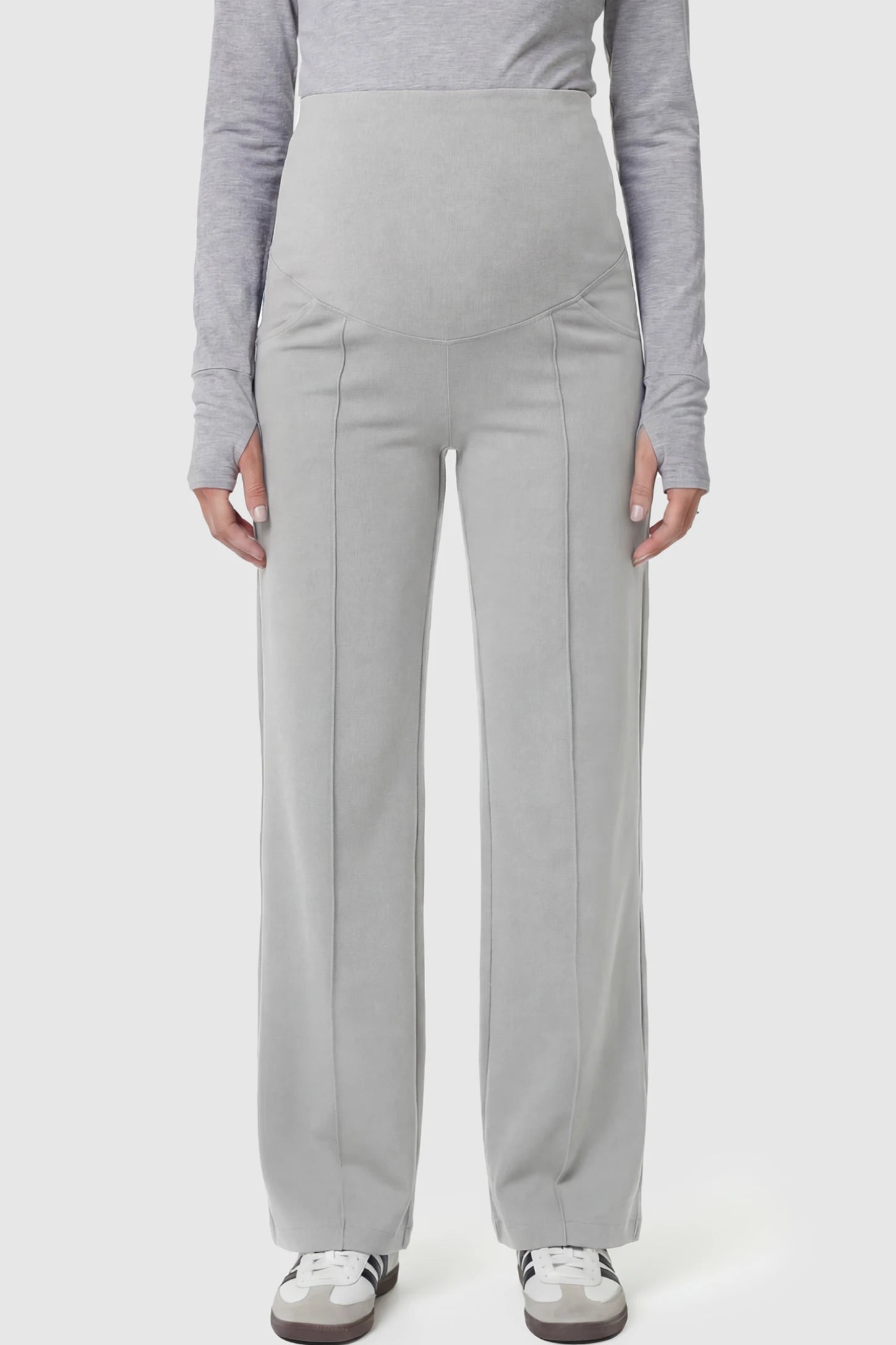 High Stretch Wide Leg Pocketed Maternity Pants High-Stretch Wide Leg Pocketed Maternity Pants in Light Gray featuring a seamless over-the-bump panel and side pocket on a pregnant model.