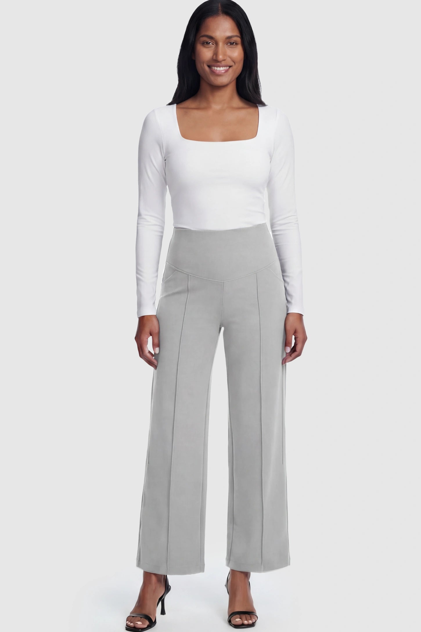 High Stretch Wide Leg Pocketed Maternity Pants High-Stretch Wide Leg Pocketed Maternity Pants in Light Gray featuring a seamless over-the-bump panel and side pocket on a postpartum model.