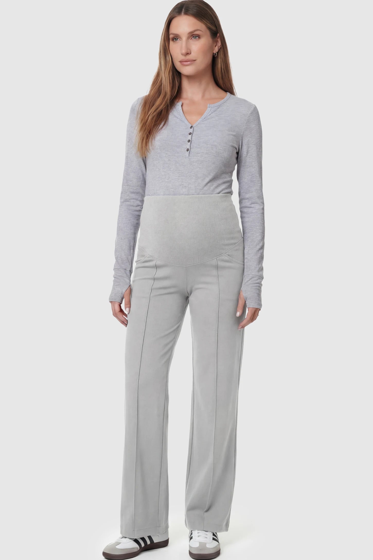 High Stretch Wide Leg Pocketed Maternity Pants High-Stretch Wide Leg Pocketed Maternity Pants in Light Gray featuring a seamless over-the-bump panel and side pocket on a pregnant model.