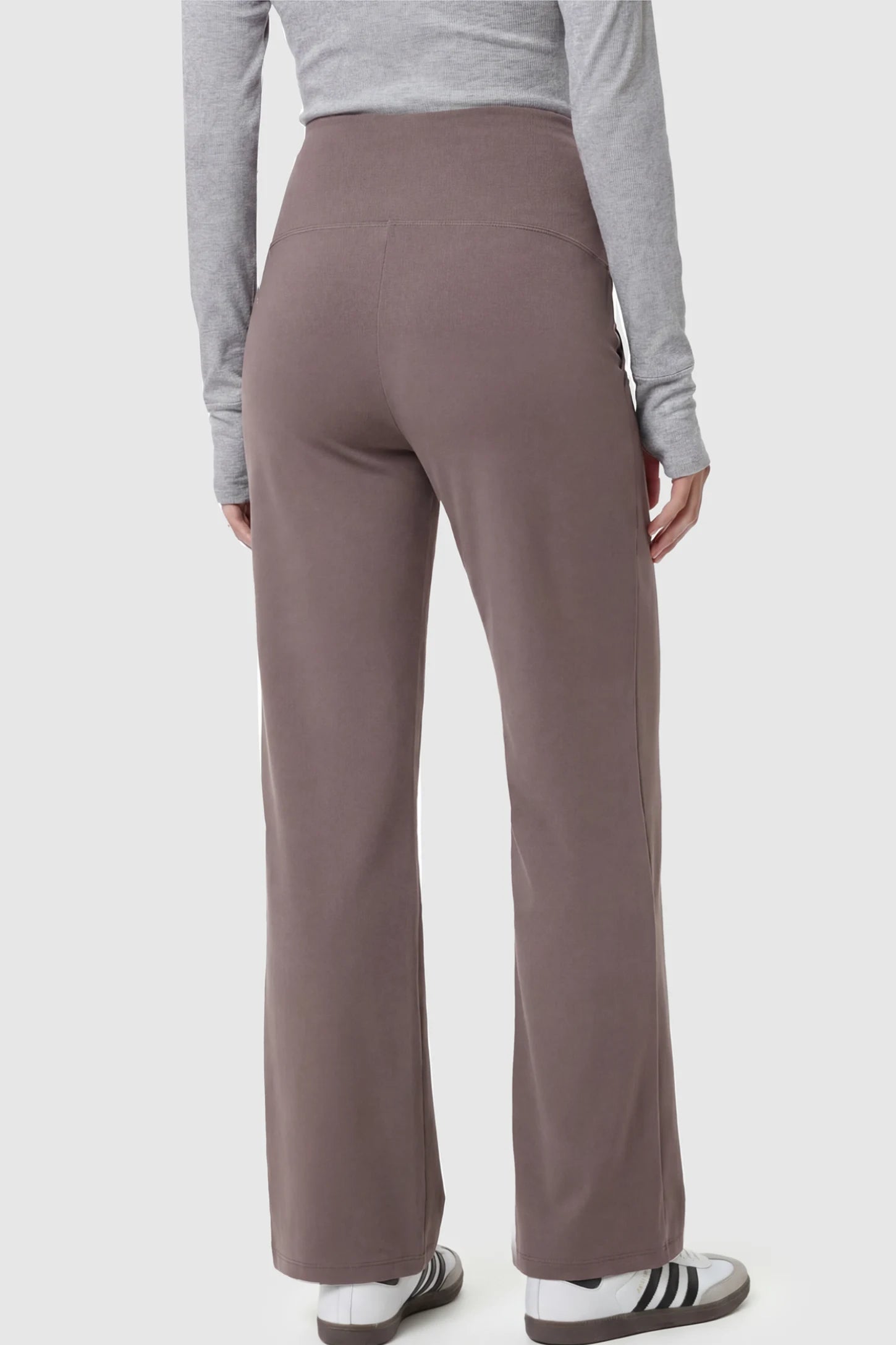 High Stretch Wide Leg Pocketed Maternity Pants High-Stretch Wide Leg Pocketed Maternity Pants in Brown featuring a seamless over-the-bump panel and side pocket on a pregnant model.