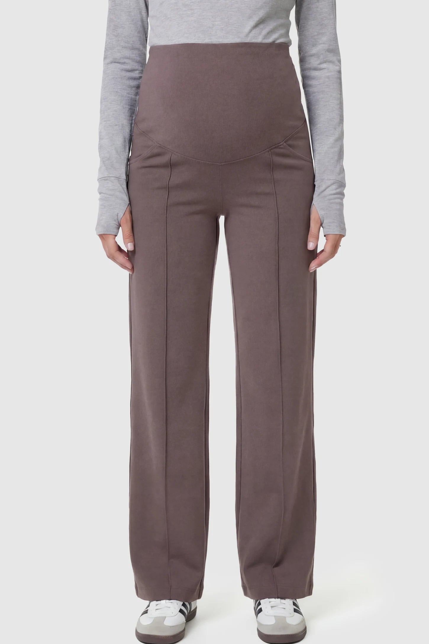 High Stretch Wide Leg Pocketed Maternity Pants High-Stretch Wide Leg Pocketed Maternity Pants in Brown featuring a seamless over-the-bump panel and side pocket on a pregnant model.