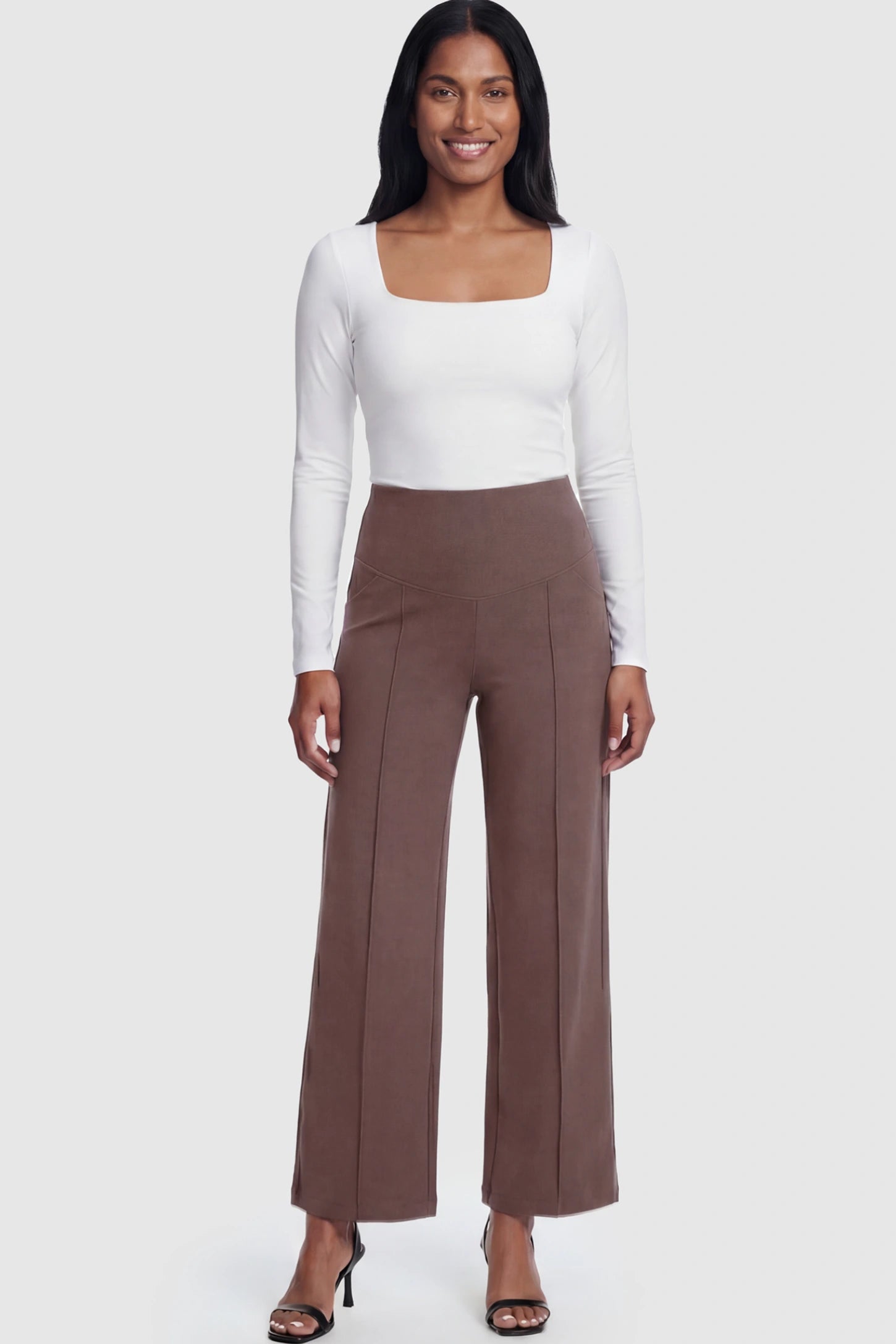 High Stretch Wide Leg Pocketed Maternity Pants High-Stretch Wide Leg Pocketed Maternity Pants in Brown featuring a seamless over-the-bump panel and side pocket on a postpartum model.