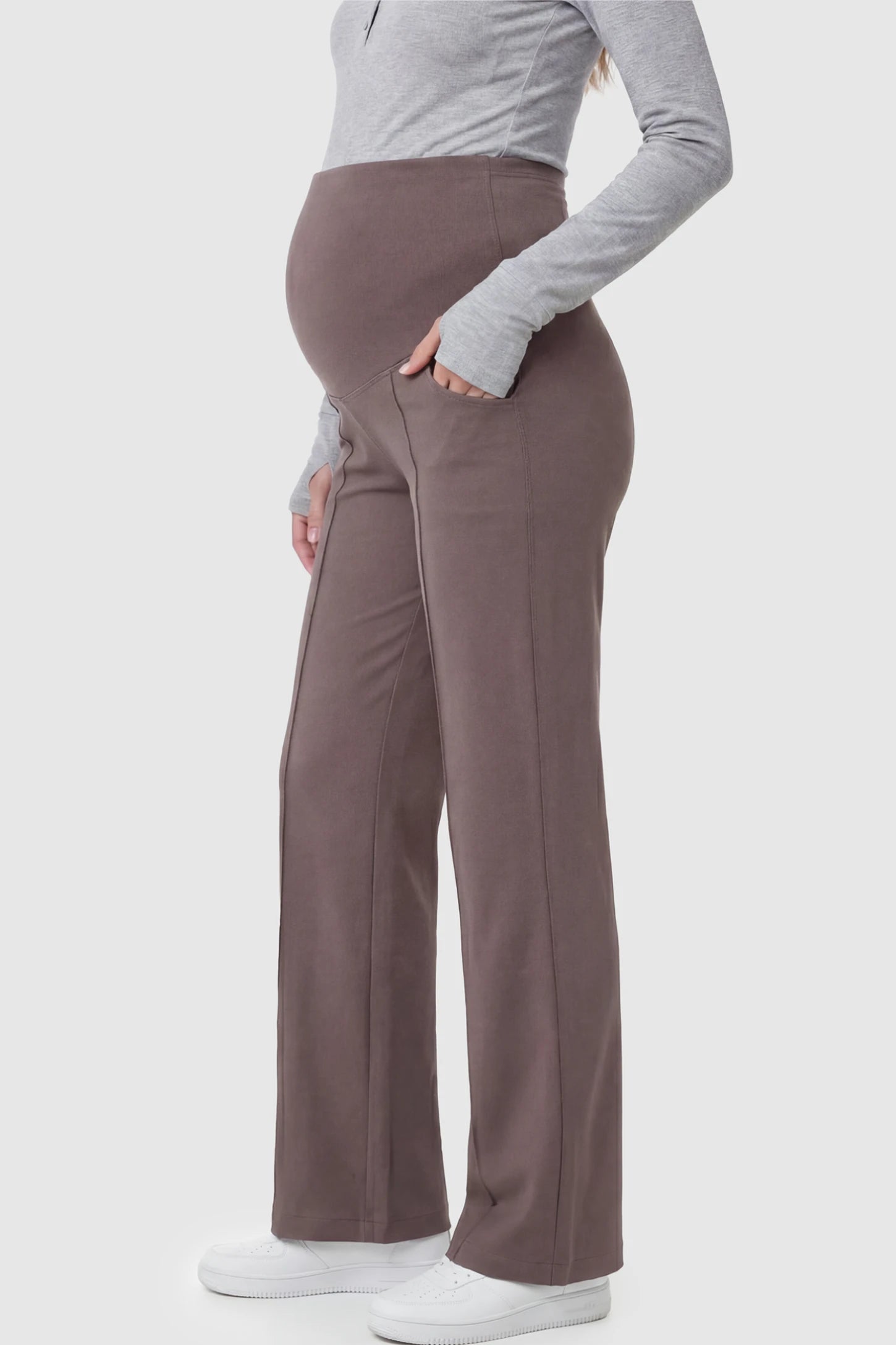 High Stretch Wide Leg Pocketed Maternity Pants High-Stretch Wide Leg Pocketed Maternity Pants in Brown featuring a seamless over-the-bump panel and side pocket on a pregnant model.
