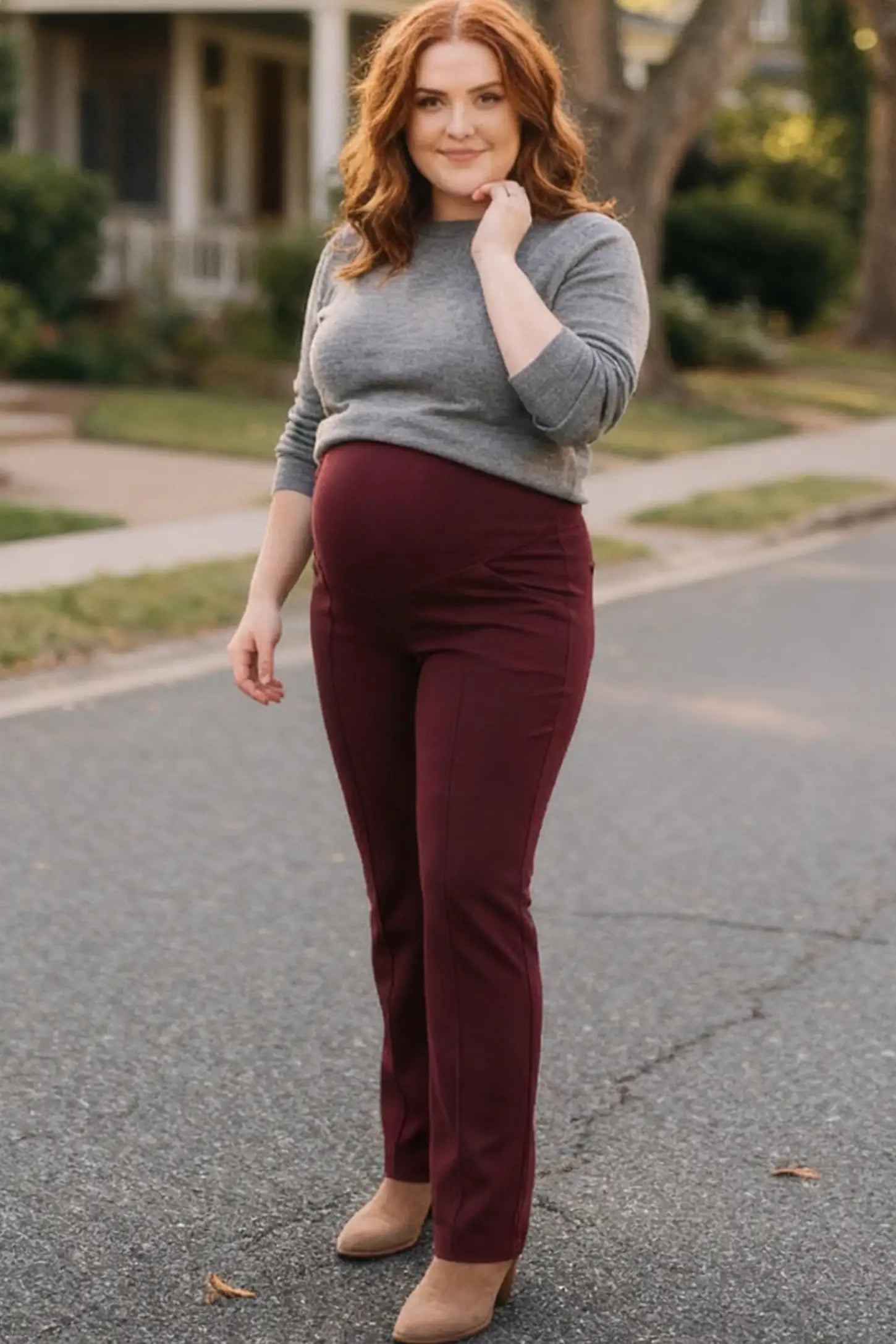 High Stretch Wide Leg Pocketed Maternity Pants High-Stretch Wide Leg Pocketed Maternity Pants in Burgundy featuring a seamless over-the-bump panel and side pocket on a pregnant model.