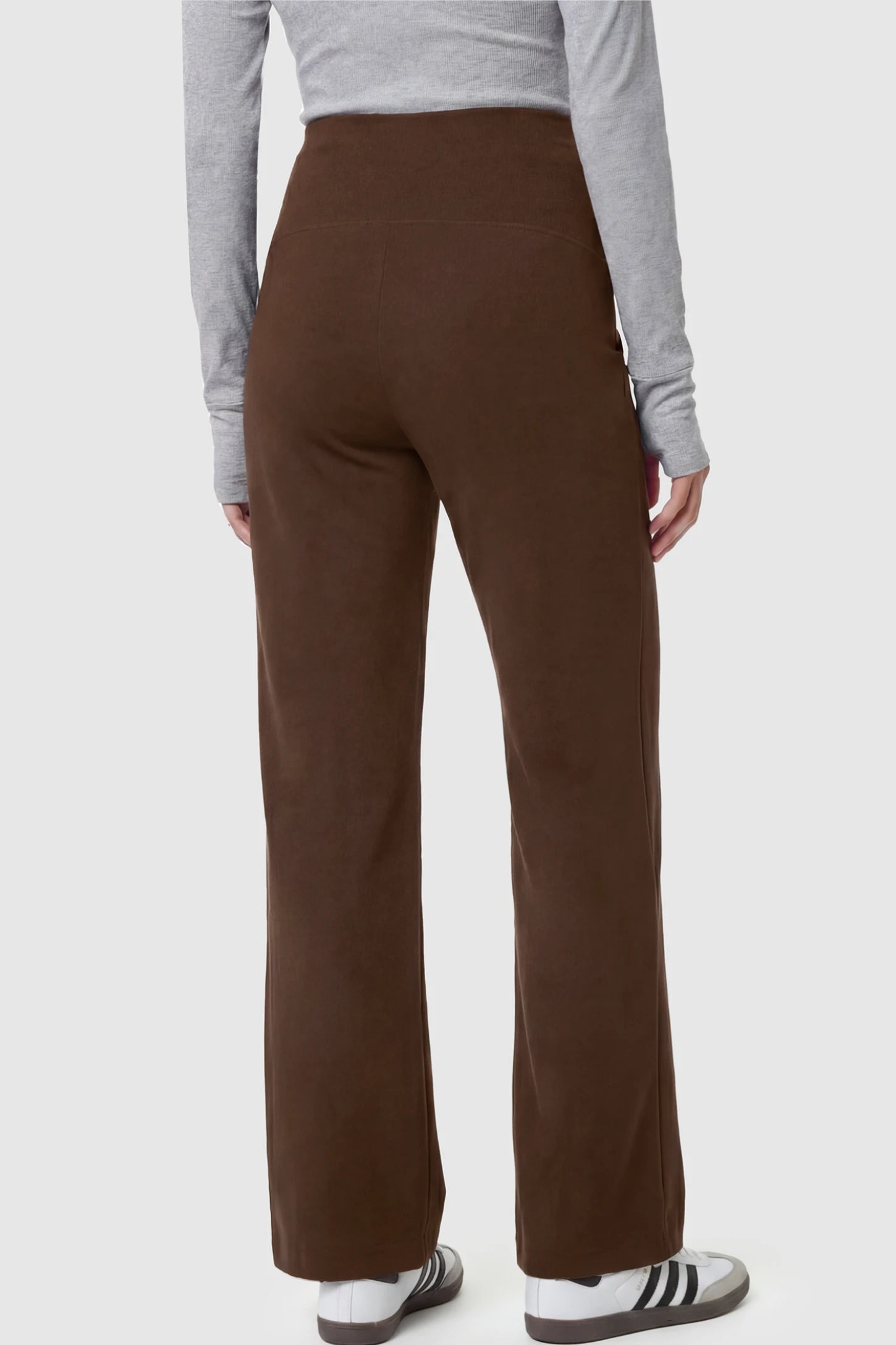 High Stretch Wide Leg Pocketed Maternity Pants High-Stretch Wide Leg Pocketed Maternity Pants in Coffee featuring a seamless over-the-bump panel and side pocket on a pregnant model.