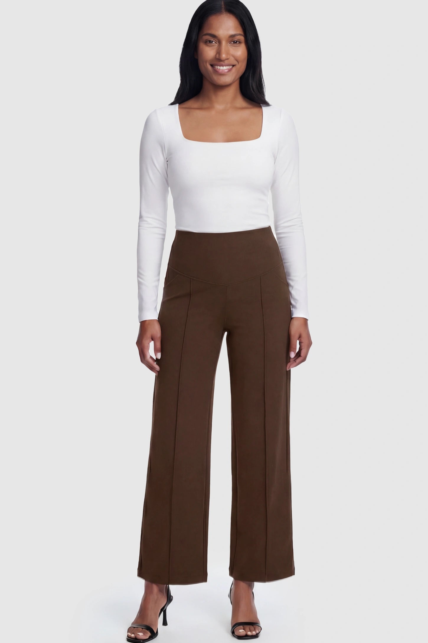 High Stretch Wide Leg Pocketed Maternity Pants High-Stretch Wide Leg Pocketed Maternity Pants in Coffee featuring a seamless over-the-bump panel and side pocket on a postpartum model.