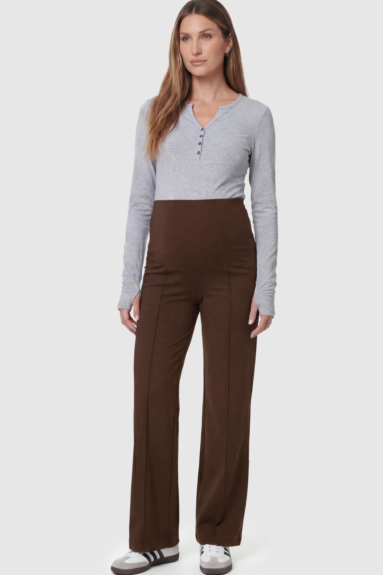 High Stretch Wide Leg Pocketed Maternity Pants High-Stretch Wide Leg Pocketed Maternity Pants in Coffee featuring a seamless over-the-bump panel and side pocket on a pregnant model.