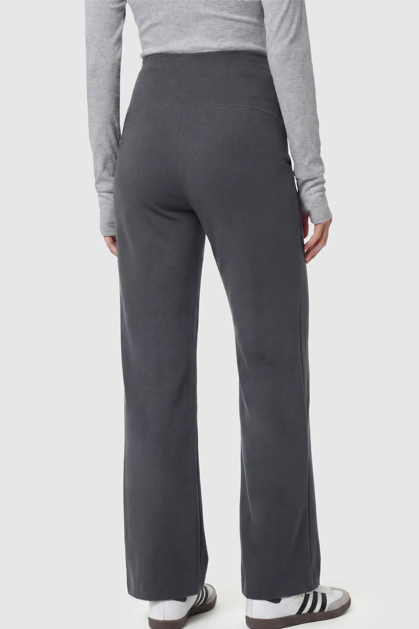 High Stretch Wide Leg Pocketed Maternity Pants High-Stretch Wide Leg Pocketed Maternity Pants in Dark gray featuring a seamless over-the-bump panel and side pocket on a pregnant model.