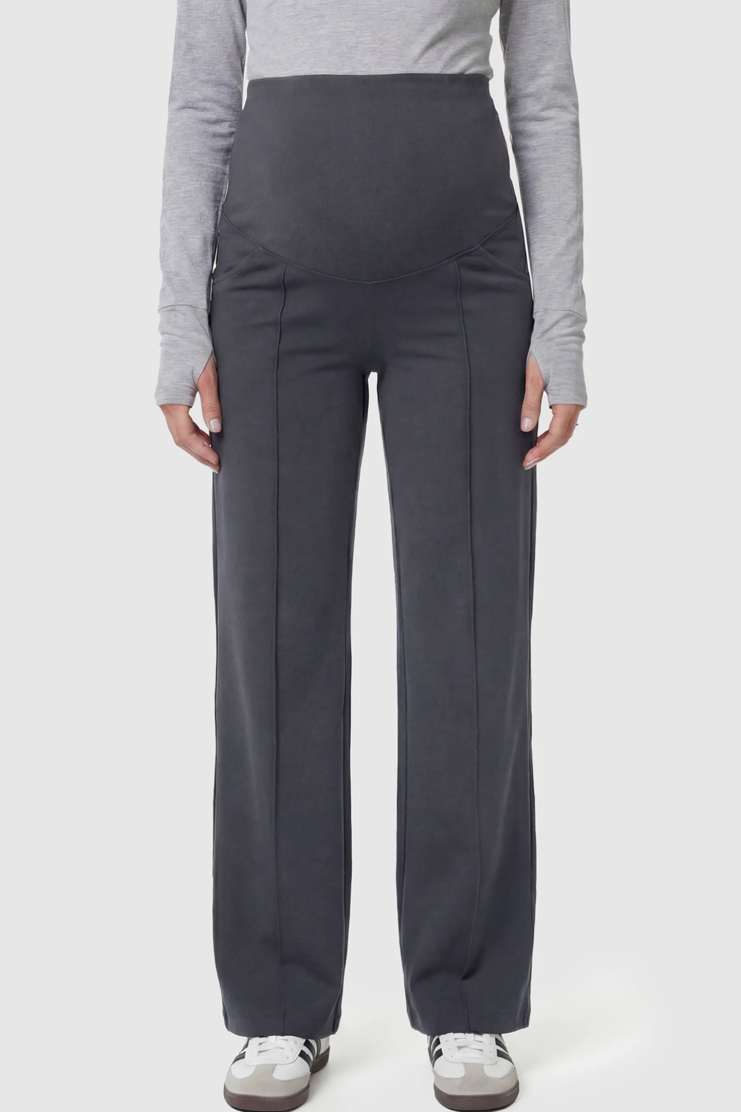 High Stretch Wide Leg Pocketed Maternity Pants High-Stretch Wide Leg Pocketed Maternity Pants in Dark gray featuring a seamless over-the-bump panel and side pocket on a pregnant model.