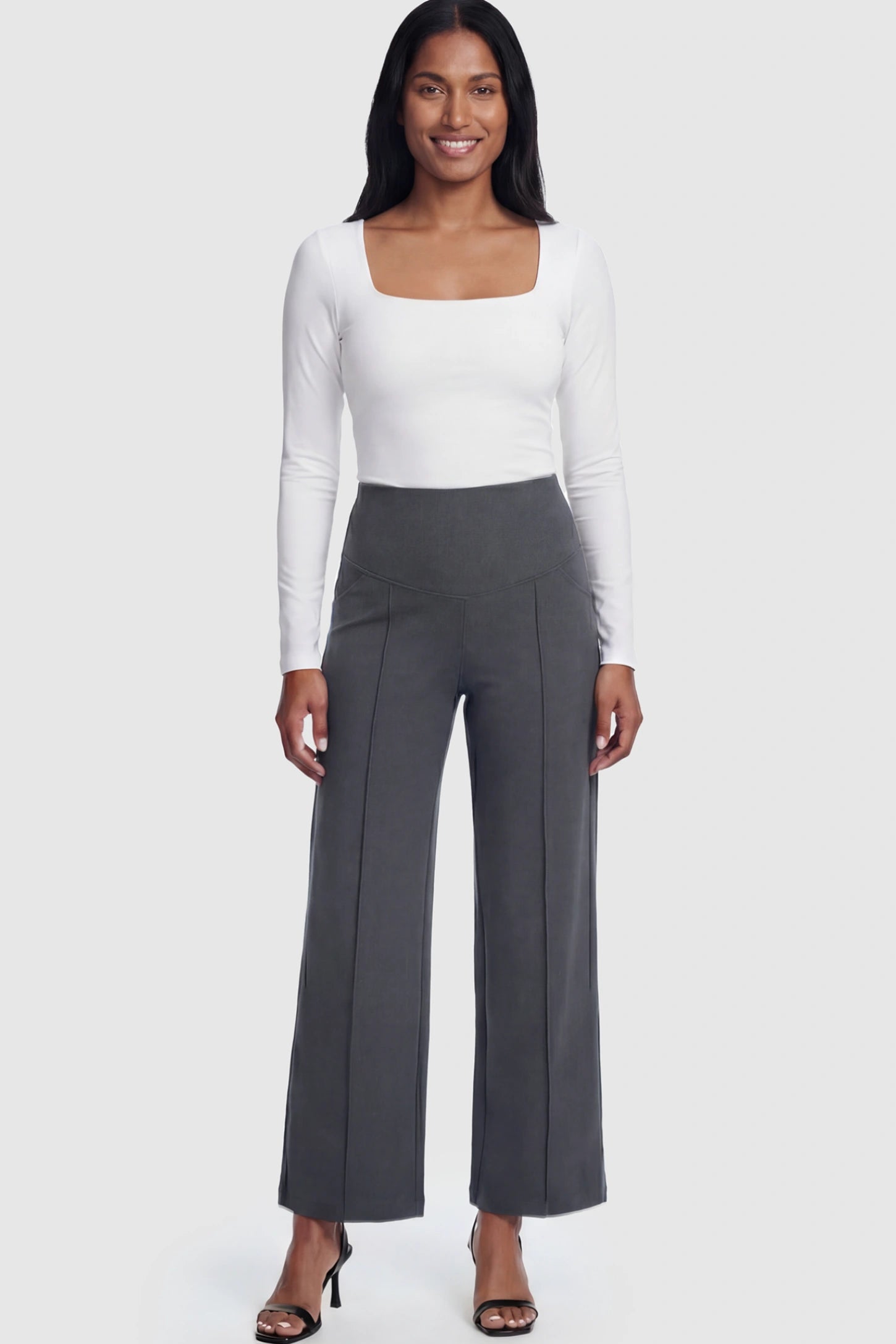 High Stretch Wide Leg Pocketed Maternity Pants High-Stretch Wide Leg Pocketed Maternity Pants in Dark gray featuring a seamless over-the-bump panel and side pocket on a postpartum model.