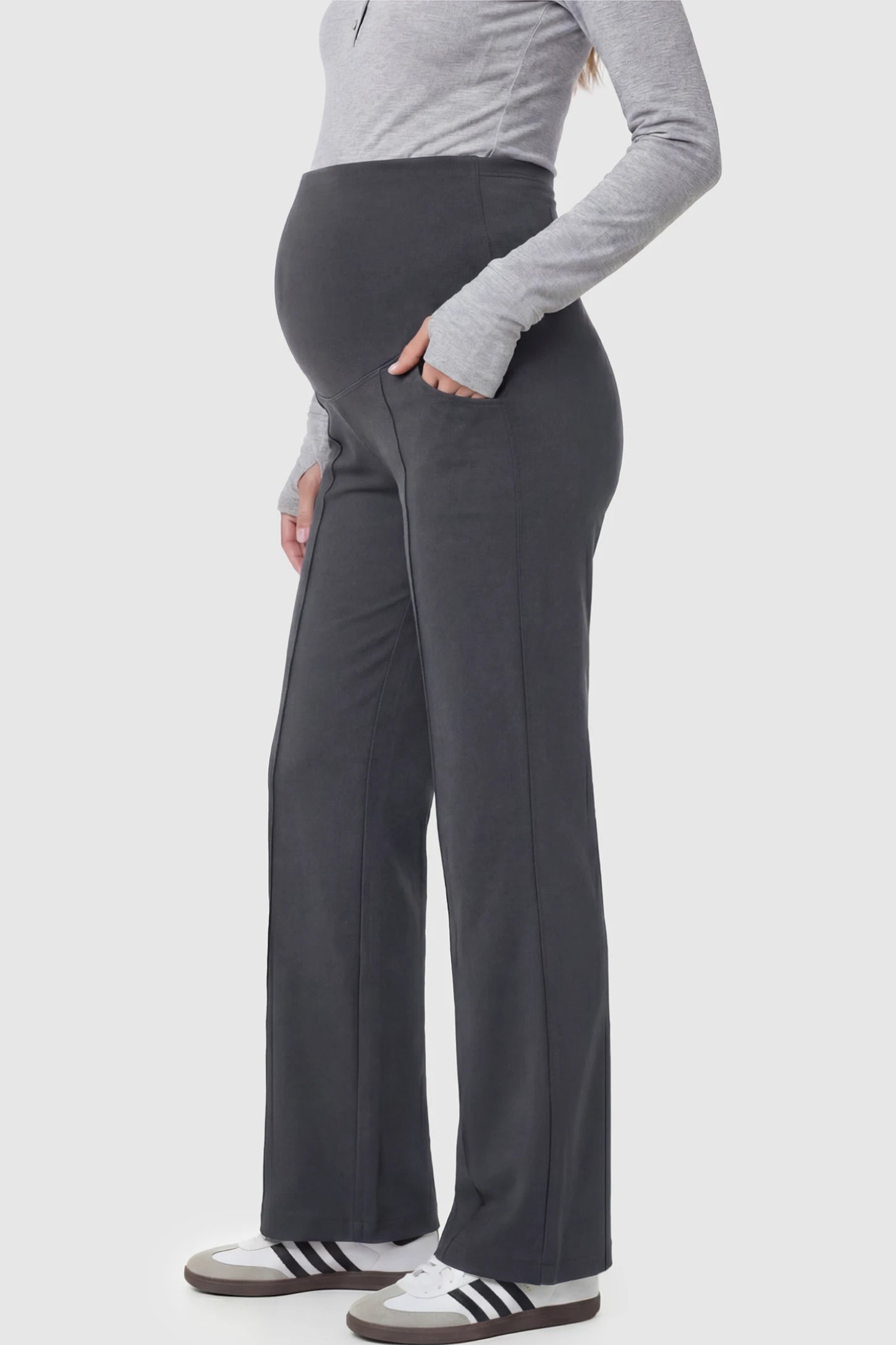 High Stretch Wide Leg Pocketed Maternity Pants High-Stretch Wide Leg Pocketed Maternity Pants in Dark gray featuring a seamless over-the-bump panel and side pocket on a pregnant model.