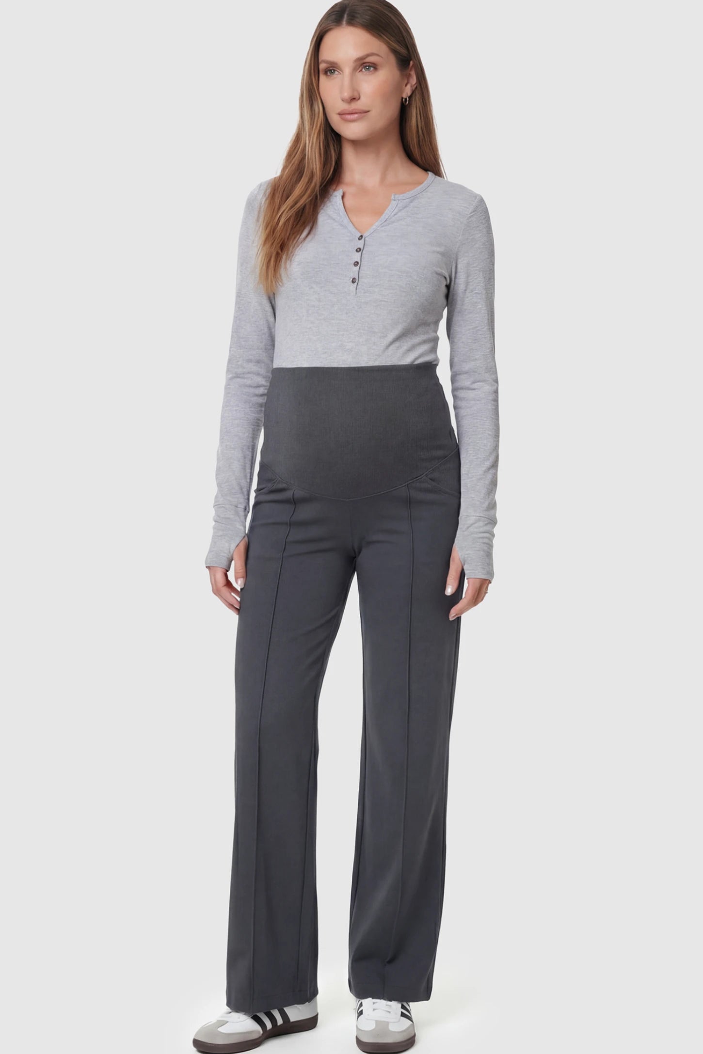 High Stretch Wide Leg Pocketed Maternity Pants High-Stretch Wide Leg Pocketed Maternity Pants in Dark gray featuring a seamless over-the-bump panel and side pocket on a pregnant model.