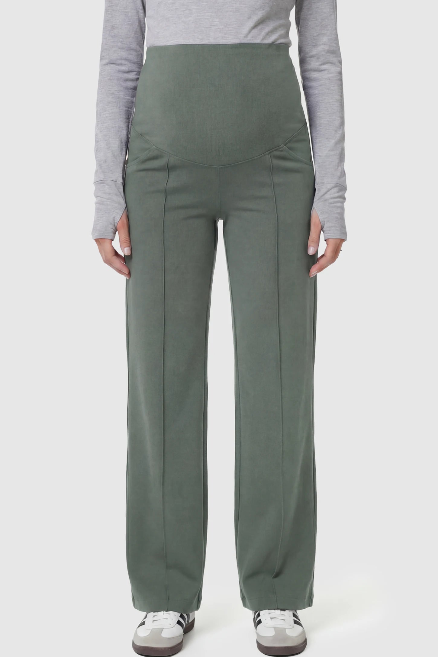 High Stretch Wide Leg Pocketed Maternity Pants High-Stretch Wide Leg Pocketed Maternity Pants in Green featuring a seamless over-the-bump panel and side pocket on a pregnant model.