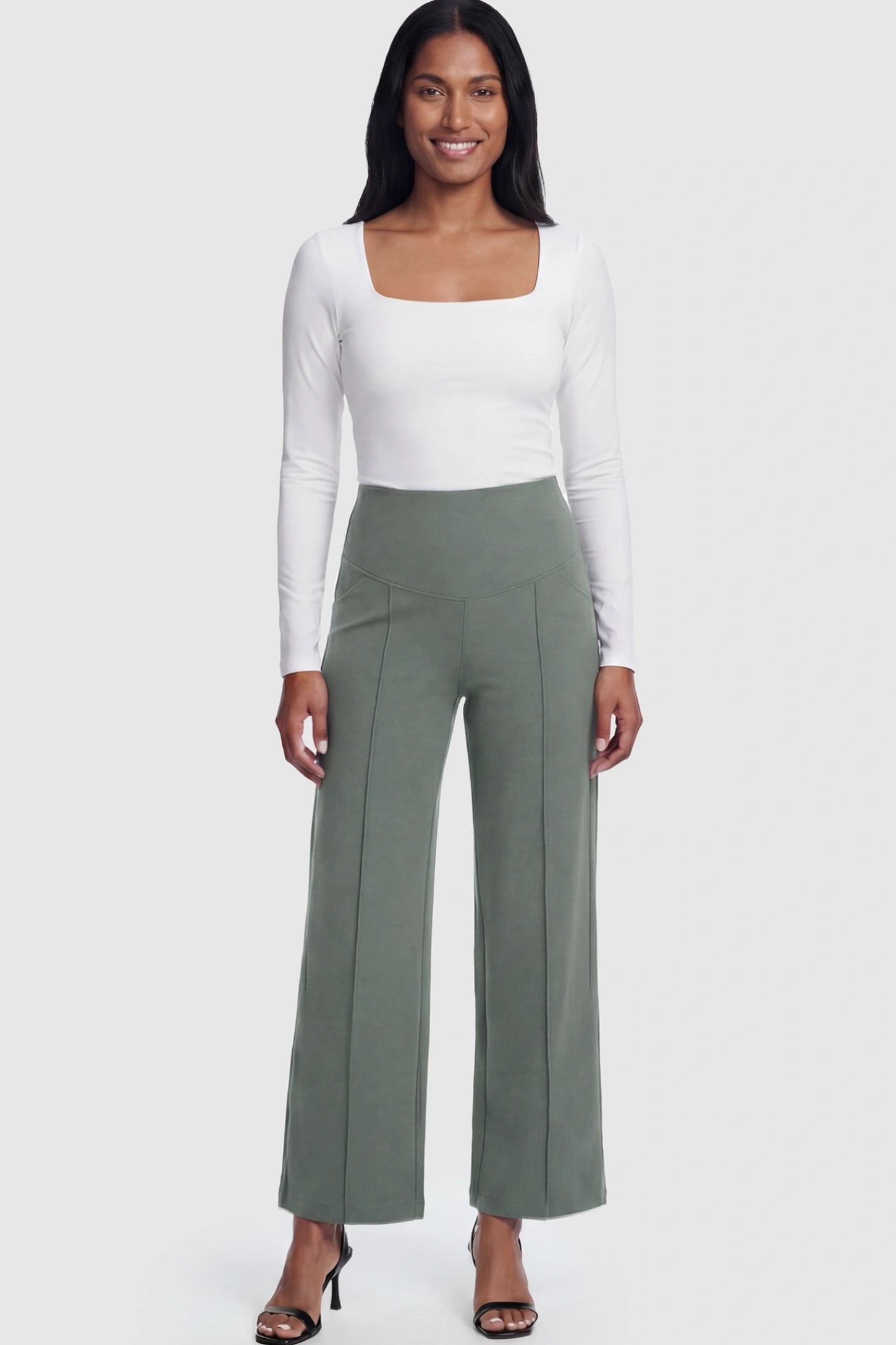 High Stretch Wide Leg Pocketed Maternity Pants High-Stretch Wide Leg Pocketed Maternity Pants in Green featuring a seamless over-the-bump panel and side pocket on a postpartum model.
