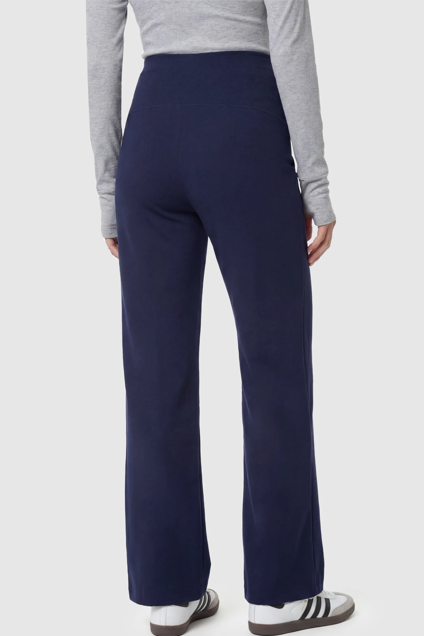 High Stretch Wide Leg Pocketed Maternity Pants High-Stretch Wide Leg Pocketed Maternity Pants in Navvy Blue on a pregnant model.