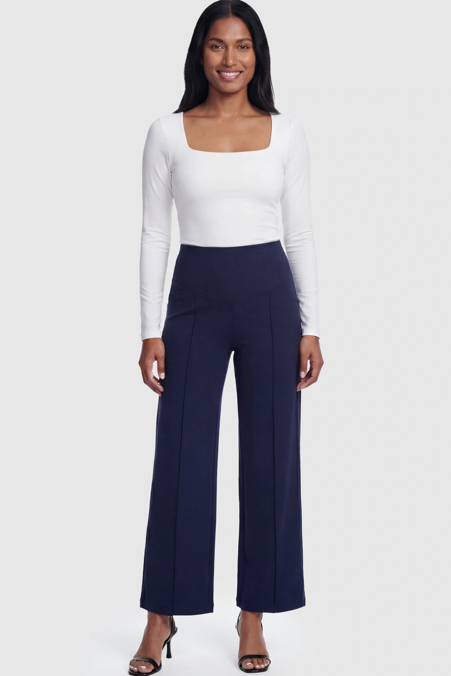 High Stretch Wide Leg Pocketed Maternity Pants High-Stretch Wide Leg Pocketed Maternity Pants in Navvy Blue featuring a seamless over-the-bump panel and side pockets on a postpartum model.
