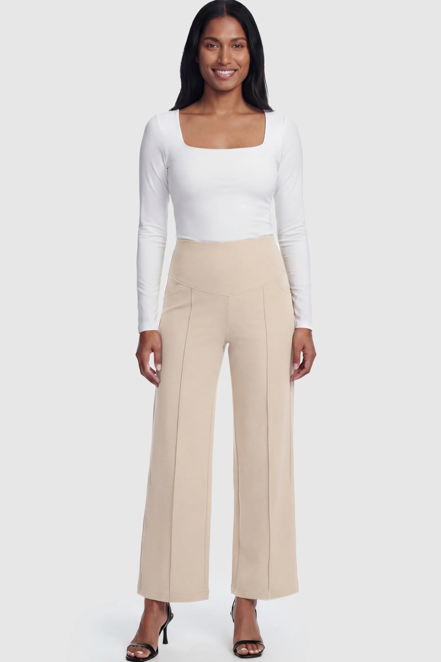 High Stretch Wide Leg Pocketed Maternity Pants High-Stretch Wide Leg Pocketed Maternity Pants in Off White featuring a seamless over-the-bump panel and side pockets on a postpartum model.