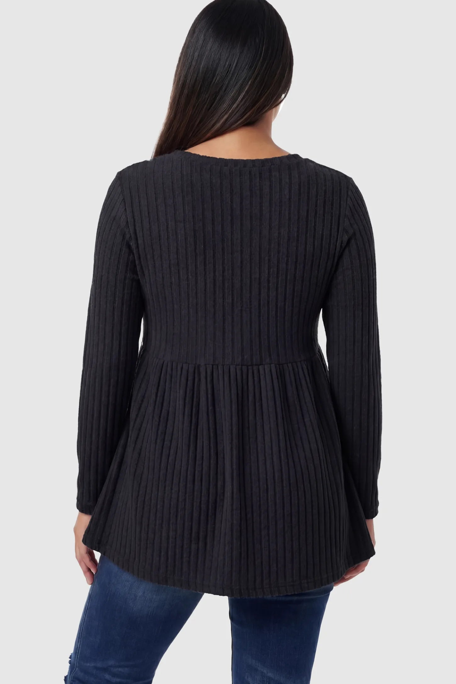 Ribbed Knit Long Sleeve Maternity Top Ribbed Knit Long Sleeve Maternity Top in black featuring a high-stretch fabric on a pregnant model.