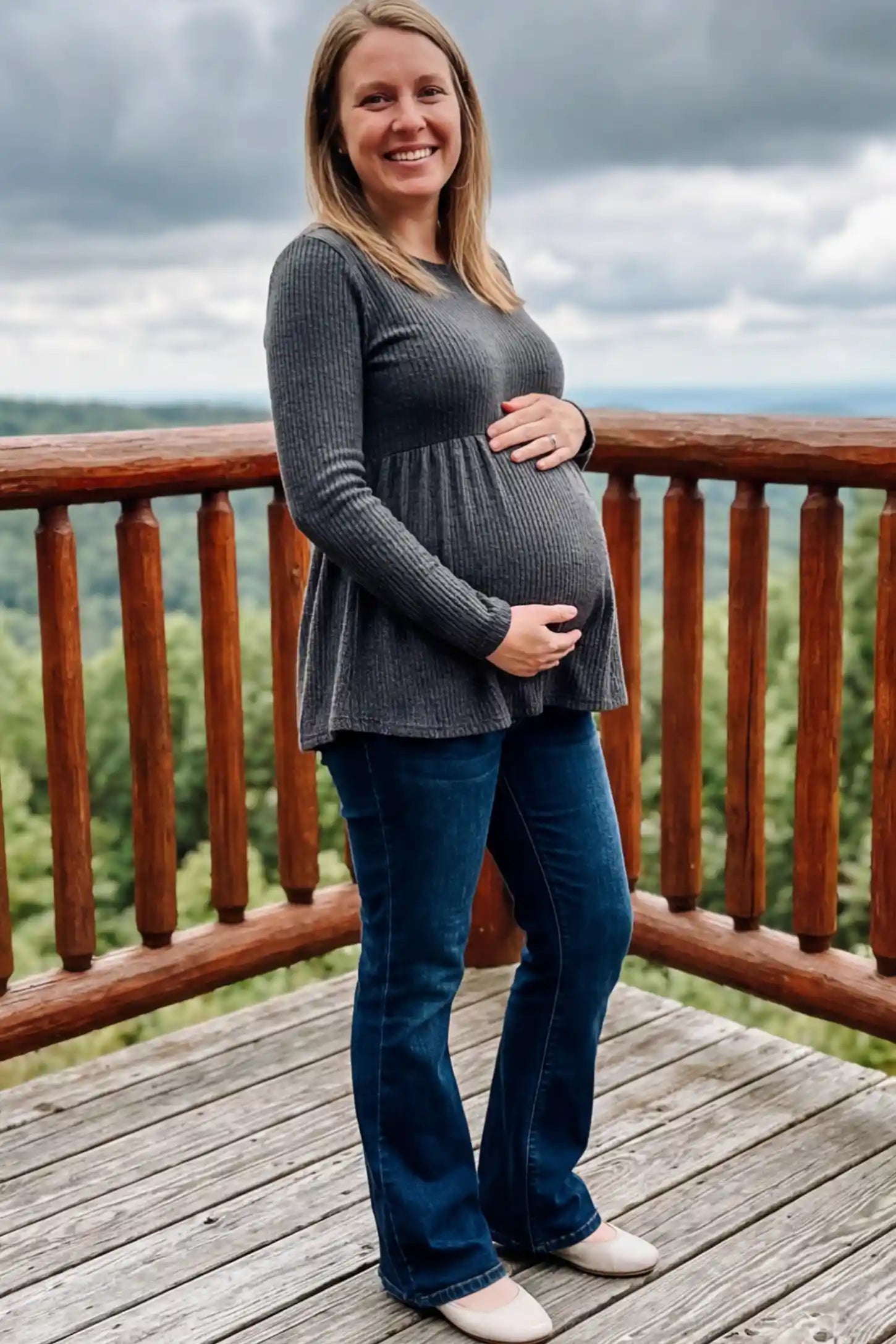 Ribbed Knit Long Sleeve Maternity Top Ribbed Knit Long Sleeve Maternity Top in black featuring an empire waist and high-stretch fabric on a pregnant model.