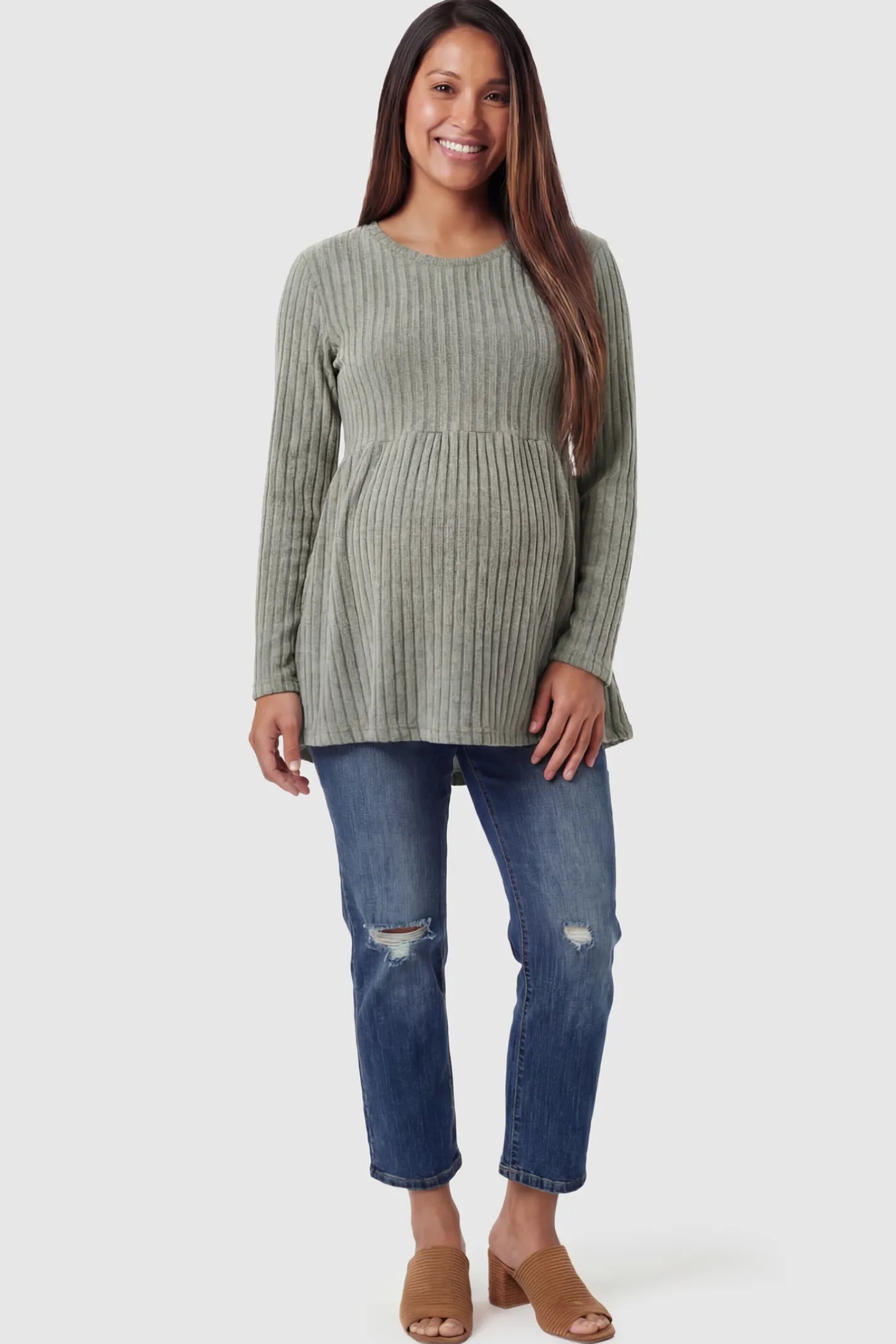 Ribbed Knit Long Sleeve Maternity Top Ribbed Knit Long Sleeve Maternity Top in Olive Green featuring an empire waist and high-stretch fabric on a pregnant model.