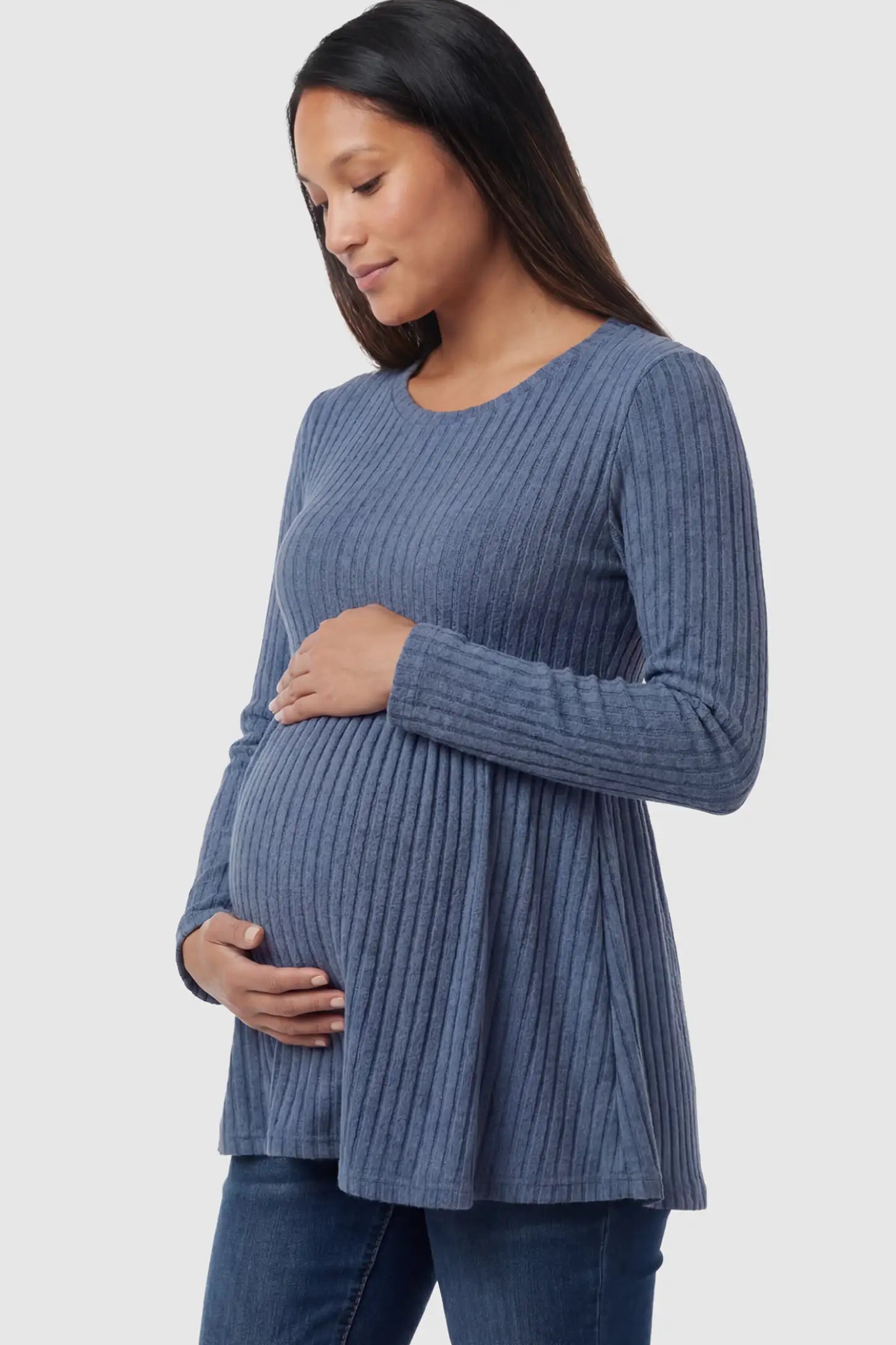 Ribbed Knit Long Sleeve Maternity Top Ribbed Knit Long Sleeve Maternity Top in Sea Blue featuring an empire waist and high-stretch fabric on a pregnant model.