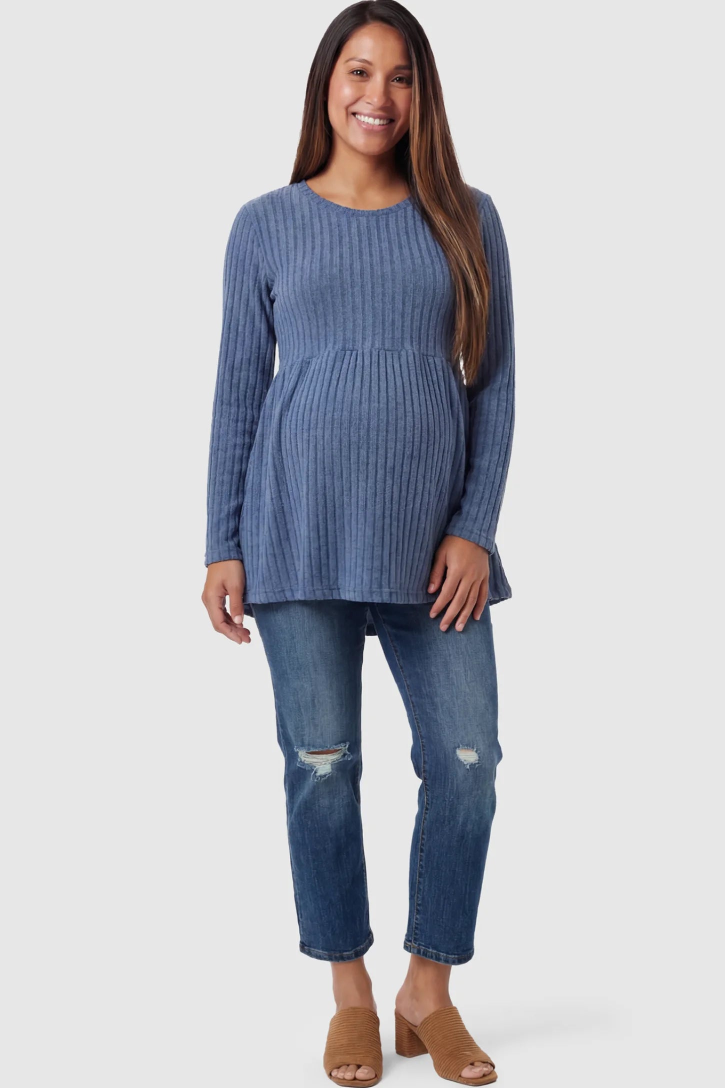 Ribbed Knit Long Sleeve Maternity Top Ribbed Knit Long Sleeve Maternity Top in Sea Blue featuring an empire waist and high-stretch fabric on a pregnant model.