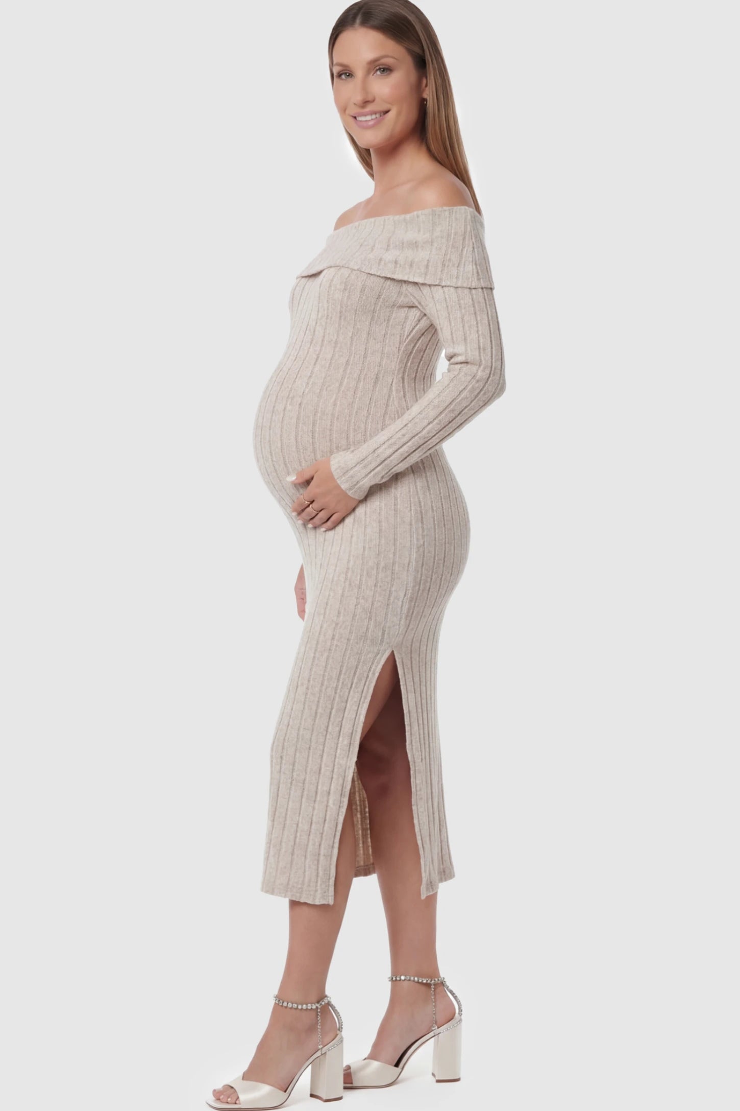 Ribbed Knit Side Slit Off Shoulder Maternity Midi Dress in Apricot featuring a fold-over neckline on a pregnant model.