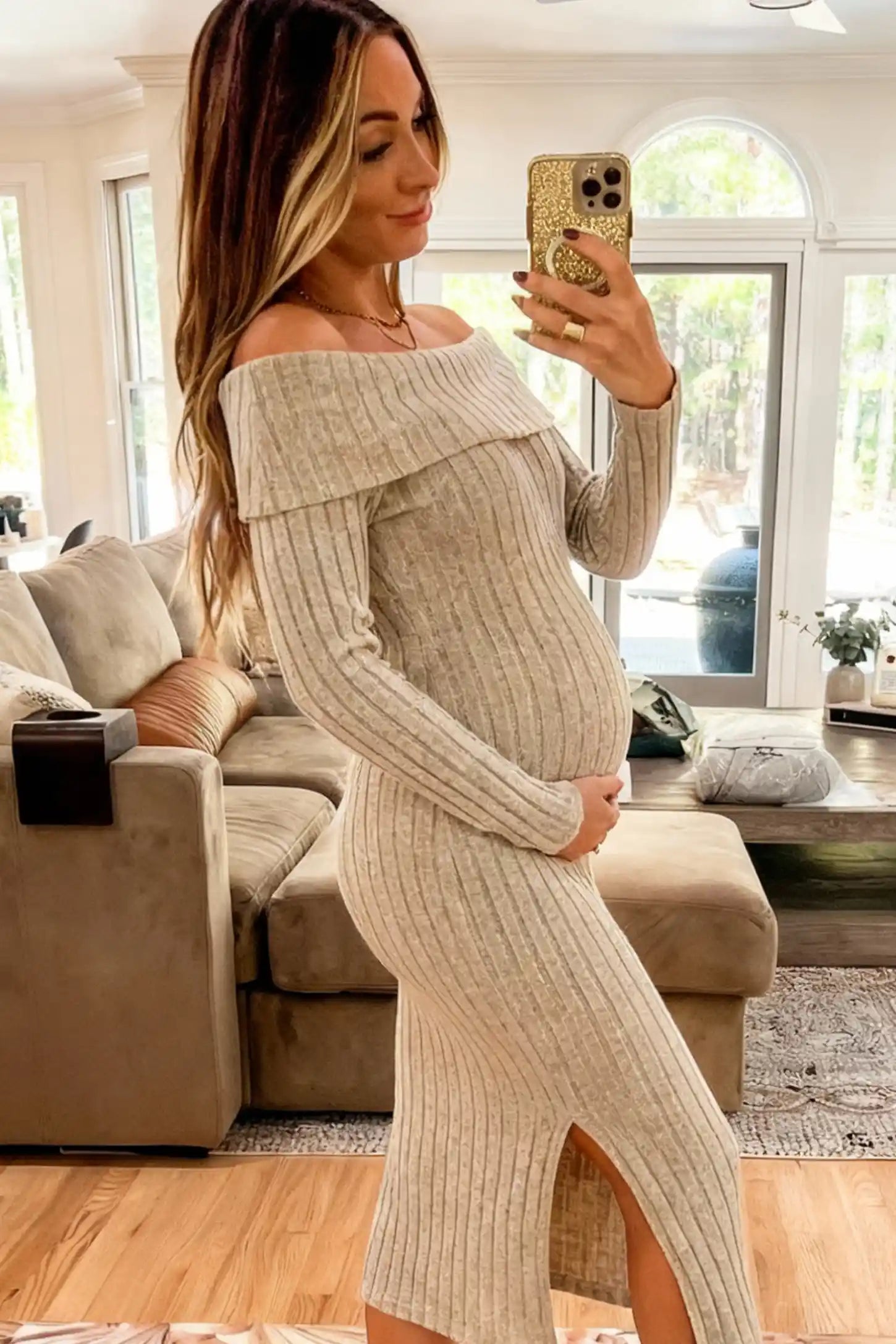 Ribbed Knit Off Shoulder Side Slit Maternity Midi Dress Ribbed Knit Side Slit Off Shoulder Maternity Midi Dress in Apricot featuring a fold-over neckline on a pregnant model.