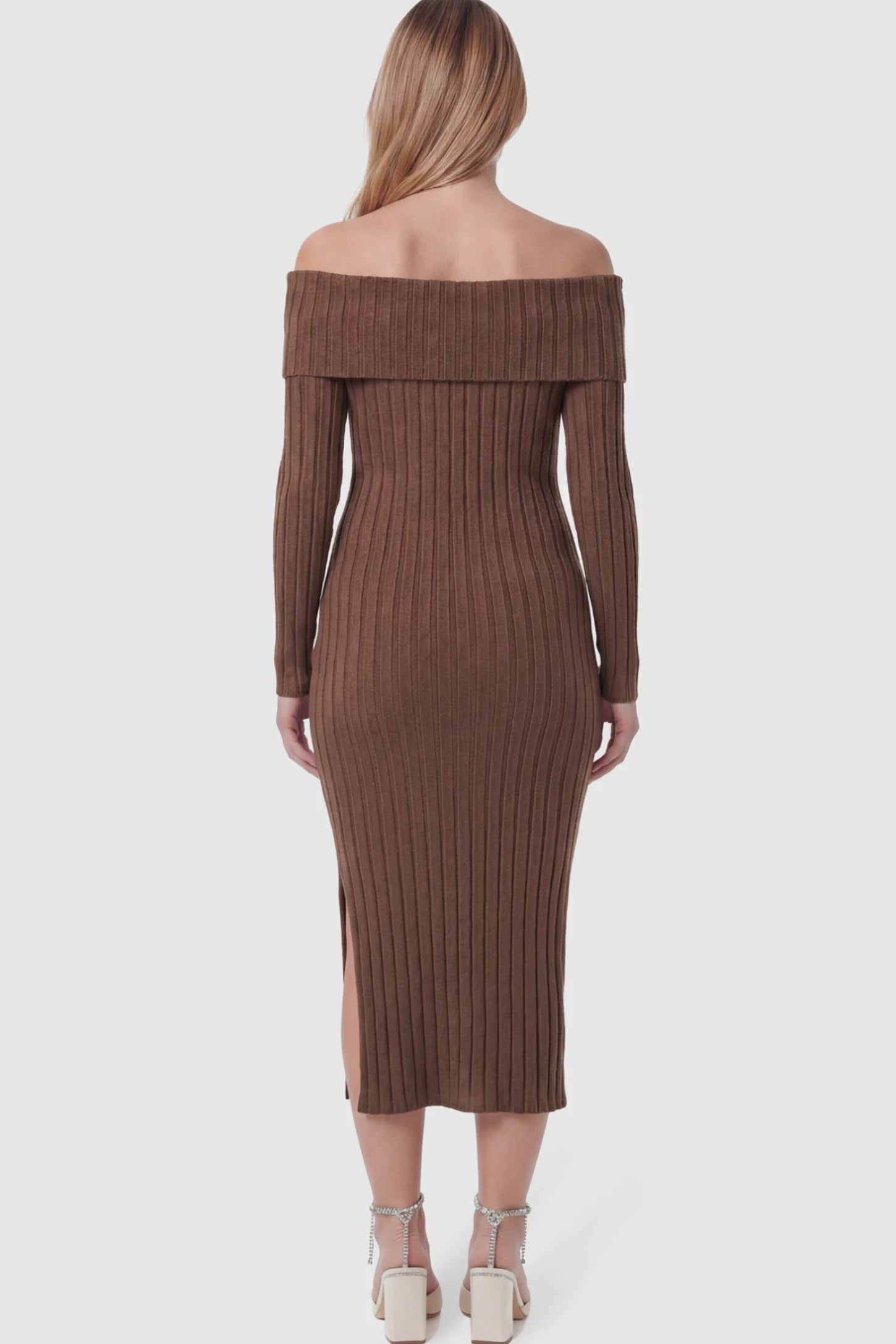 Ribbed Knit Off Shoulder Side Slit Maternity Midi Dress Ribbed Knit Side Slit Off Shoulder Maternity Midi Dress in Brown featuring a fold-over neckline on a pregnant model.