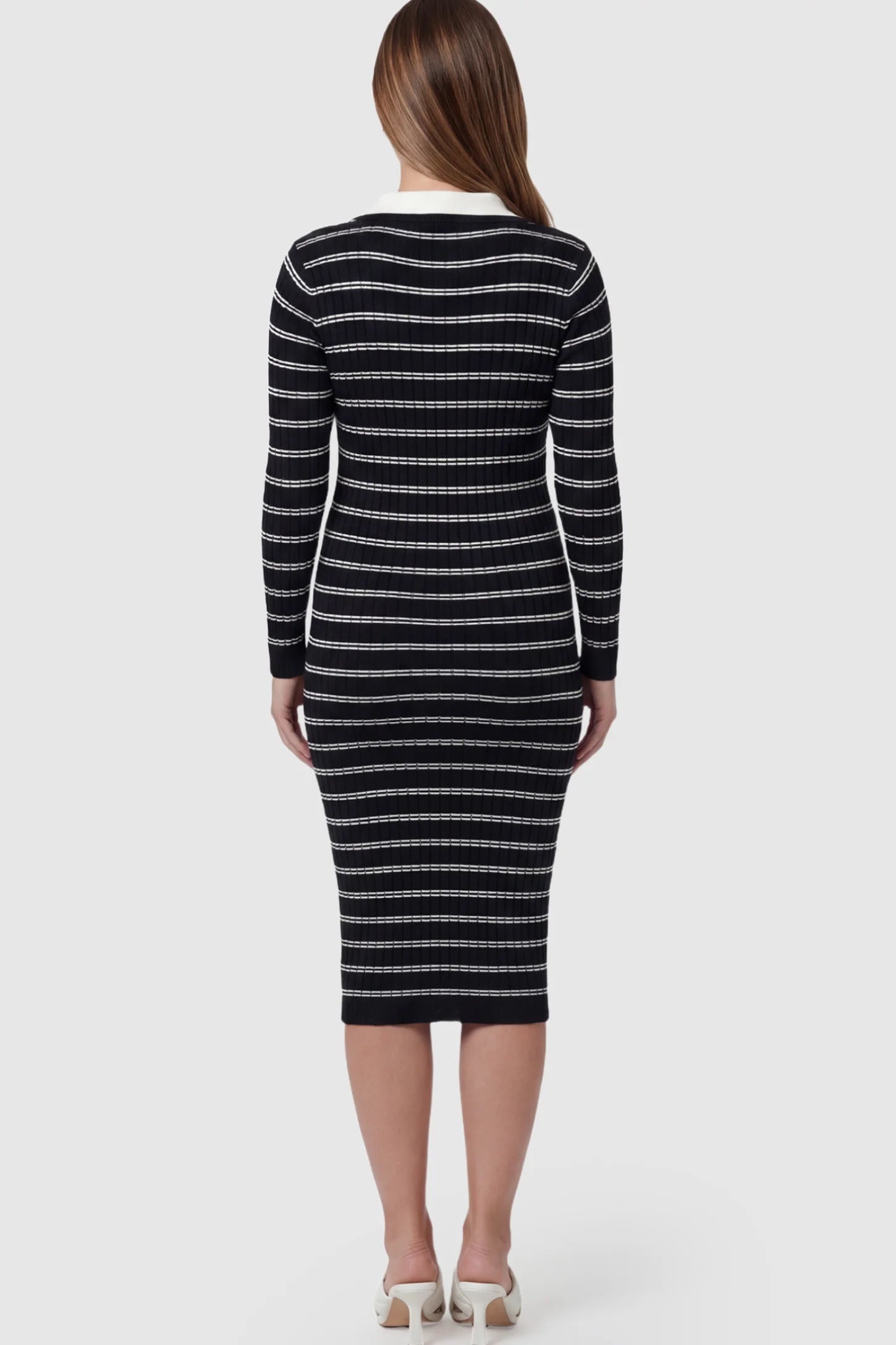 Striped Knit Collared Maternity Midi Dress Rib-Knit Straight-Tube Maternity Midi in Black Stripes on a pregnant model.