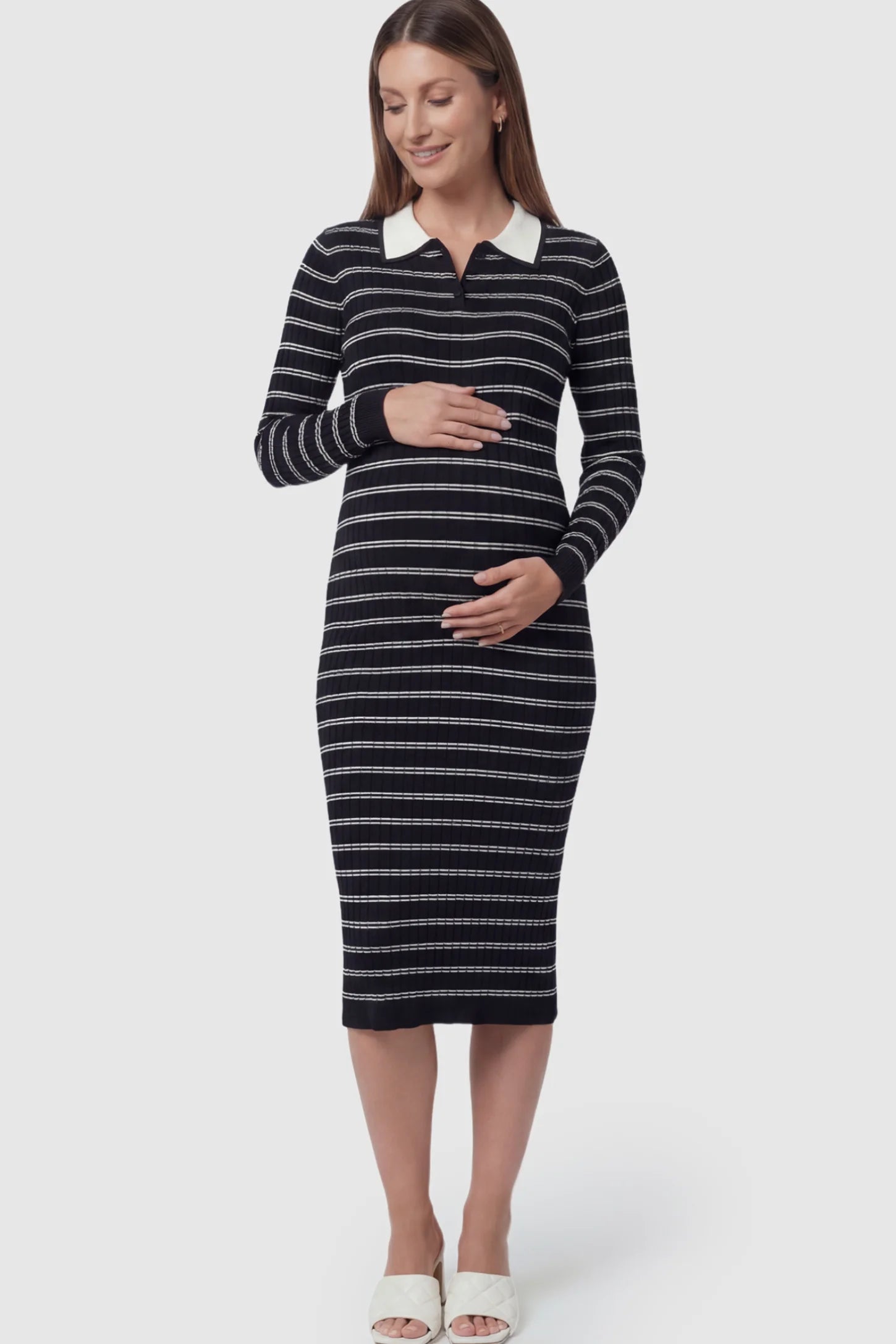 Striped Knit Collared Maternity Midi Dress Rib-Knit Straight-Tube Maternity Midi in Black Stripes featuring a contrast polo collar on a pregnant model.